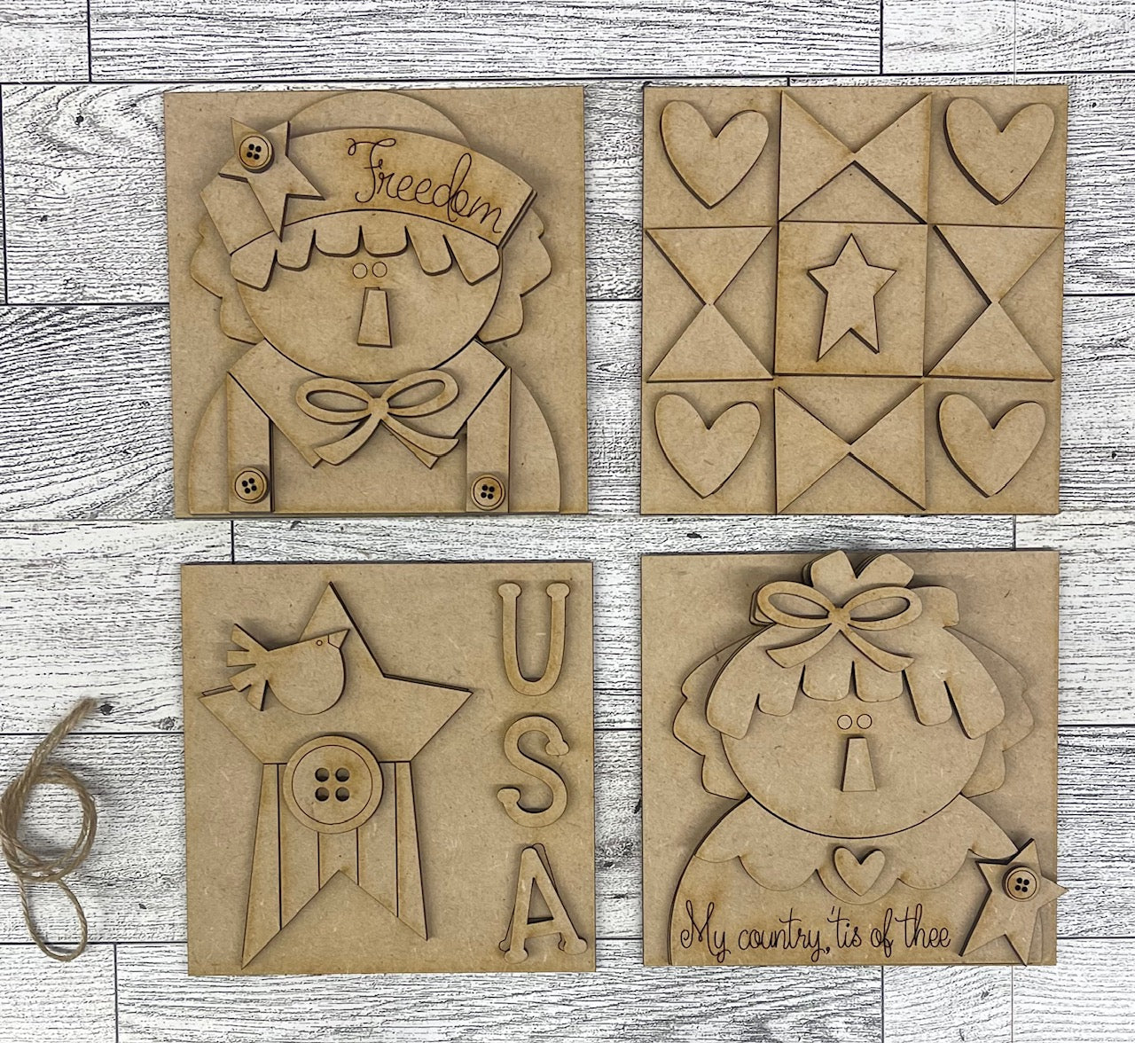 Prim Raggedy Ann & Andy Patriotic Leaning ladder inserts and sign cutouts - unpainted wooden cutouts, ready for you to paint