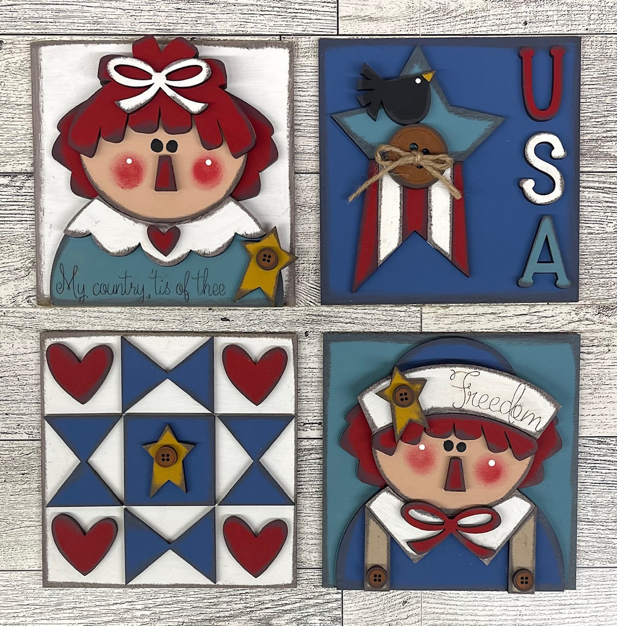 Prim Raggedy Ann & Andy Patriotic Leaning ladder inserts and sign cutouts - unpainted wooden cutouts, ready for you to paint