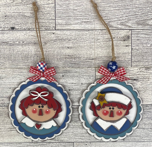 Prim Raggedy Ann & Andy Patriotic Ornament set of 2 cutouts - unpainted wooden cutouts, ready for you to paint