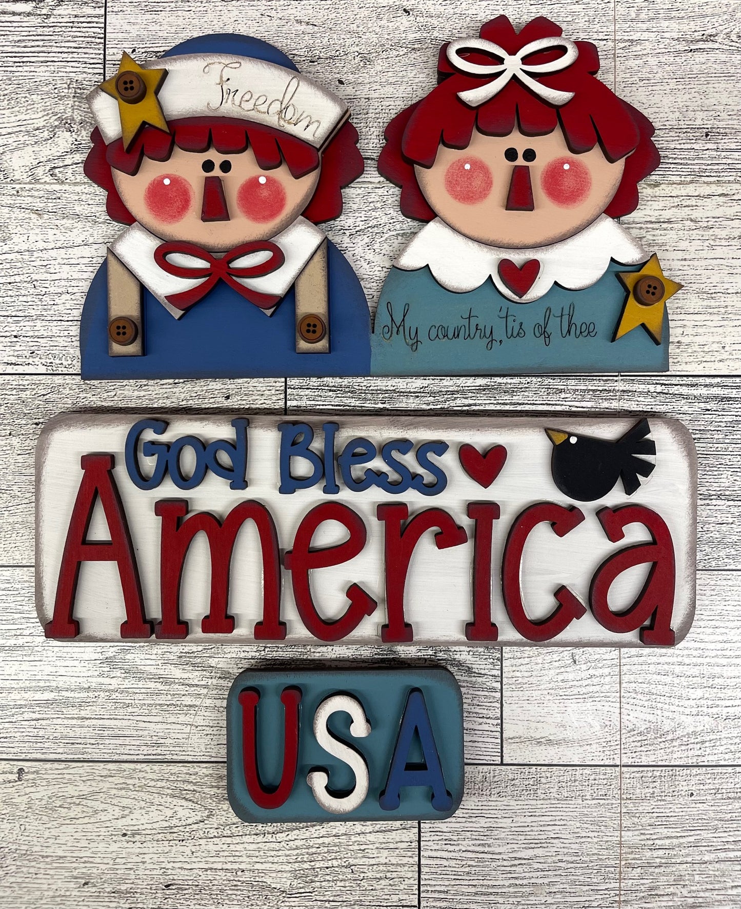 Prim Raggedy Ann & Andy Patriotic Truck Insert cutouts - unpainted wooden cutouts, ready for you to paint