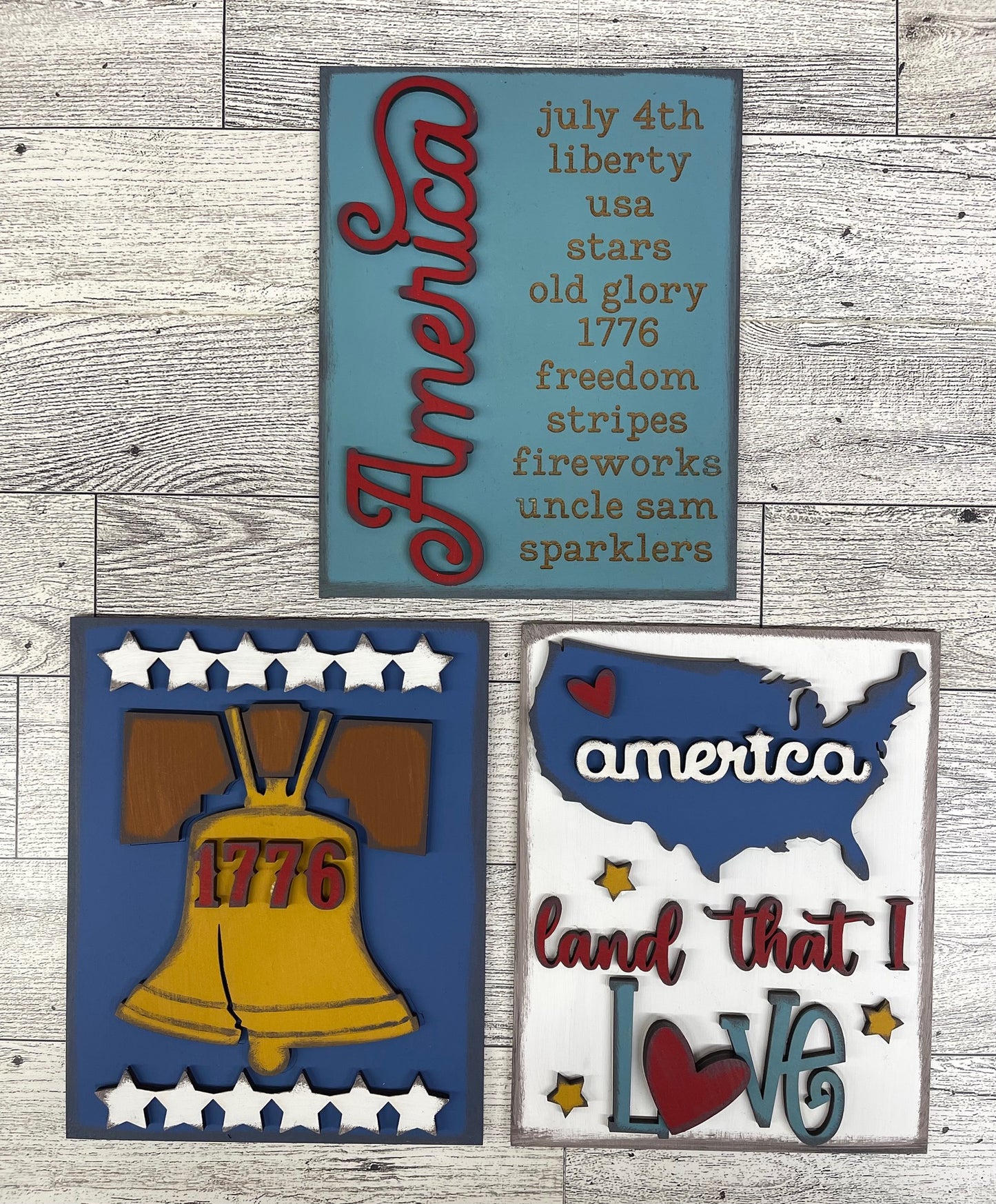 Prim Patriotic Sign Trio with easels - unpainted cutouts