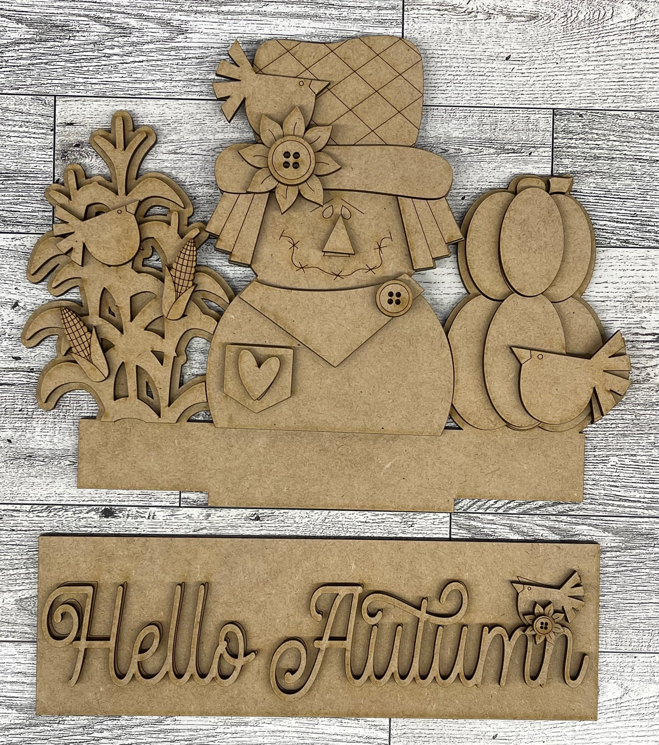 Hello Autumn Scarecrow - Insert for Changeable Window Box unpainted wood cutouts, ready for you to paint