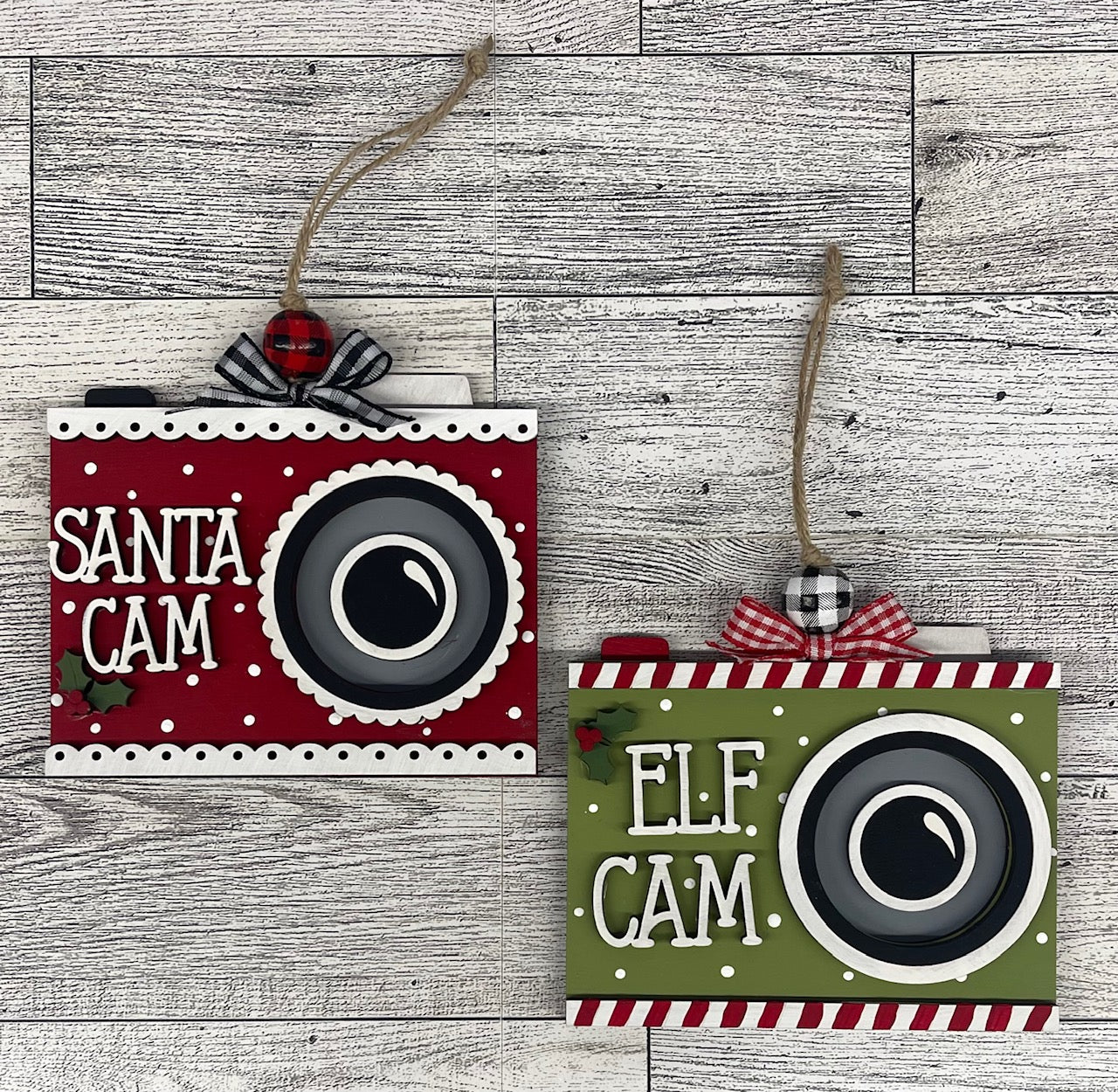 Santa Cam, Elf Cam Christmas Ornament - unpainted wooden cutouts, ready for you to paint