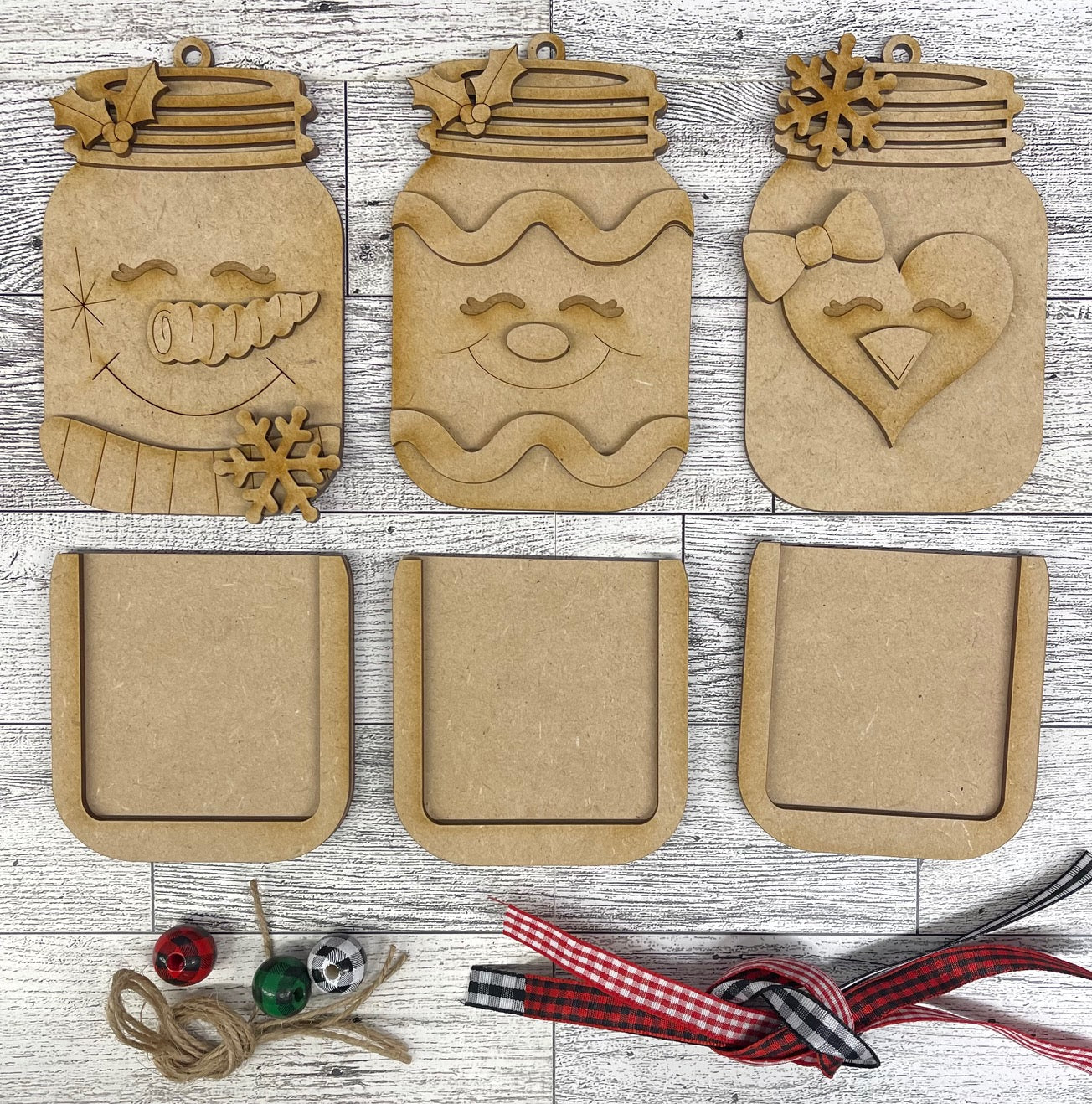 Penguin, Gingerbread and Snowman Mason Jar Christmas Ornaments Set of 3 unpainted cutouts