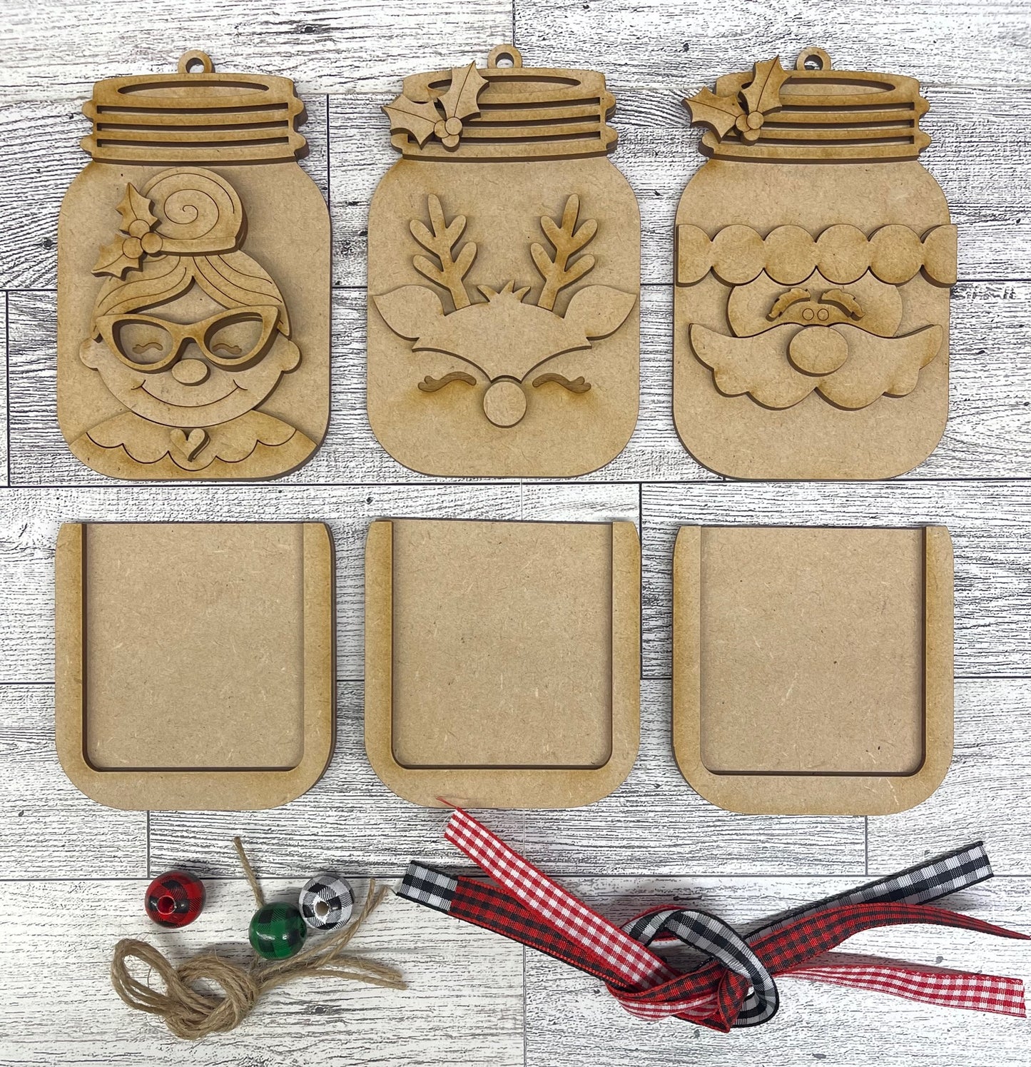 Santa, Mrs. Claus and Reindeer Mason Jar Christmas Ornaments Set of 3 unpainted cutouts