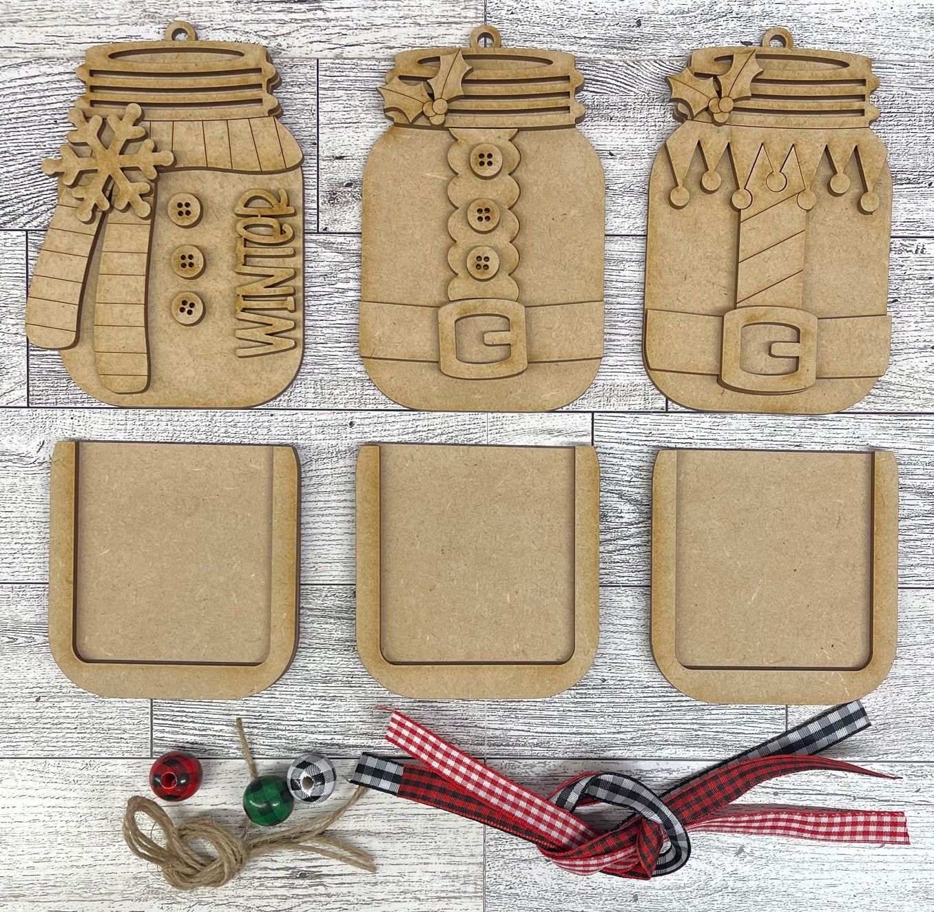 Elf Santa Suit Snowman Suit Mason Jar Christmas Ornaments Set of 3 unpainted cutouts