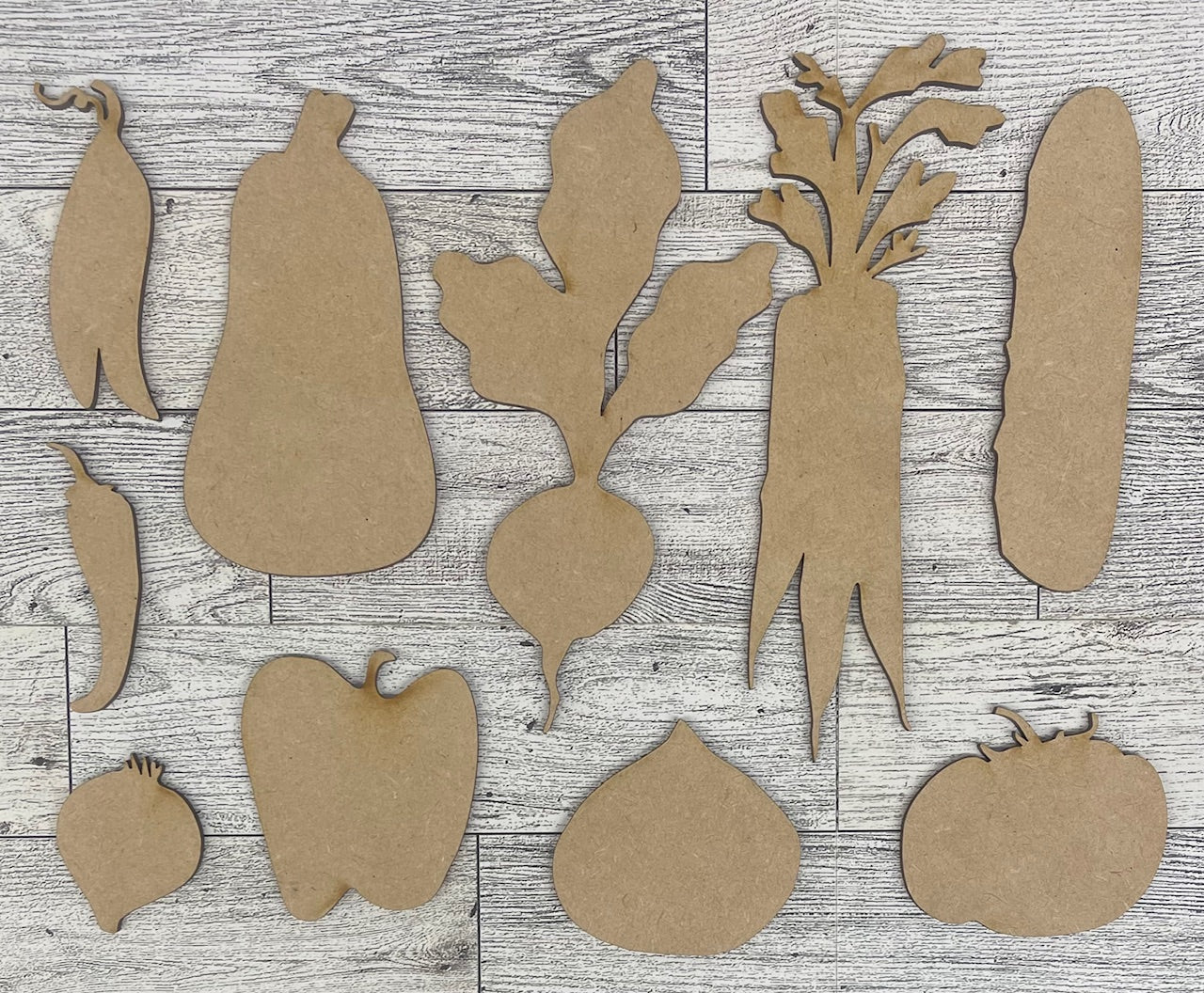 Vegetables and Sign - unpainted wooden cutouts, ready for you to paint
