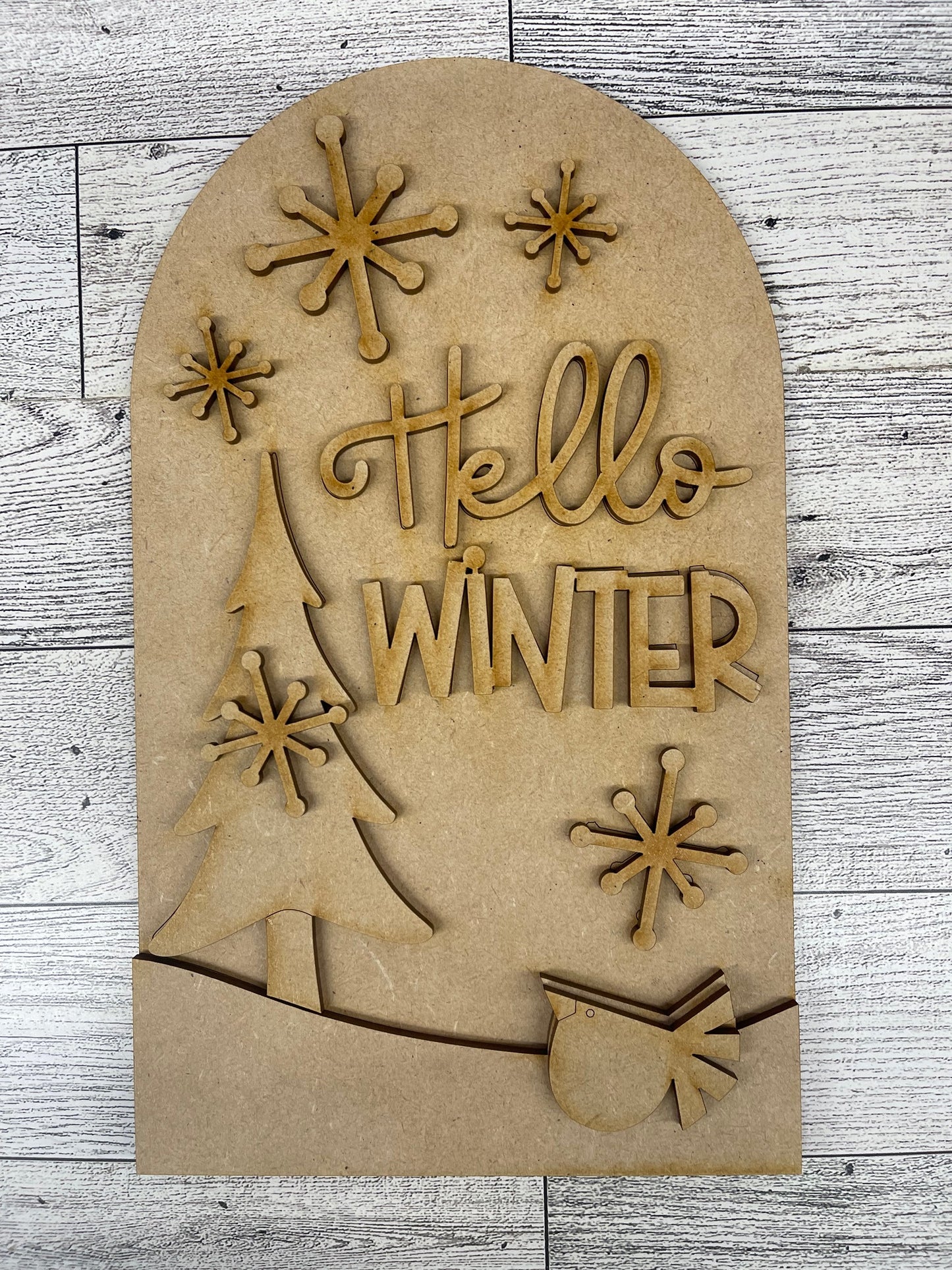 Hello Winter Tree & Bird Arch Frame Insert cutouts - unpainted wooden cutouts, ready for you to paint