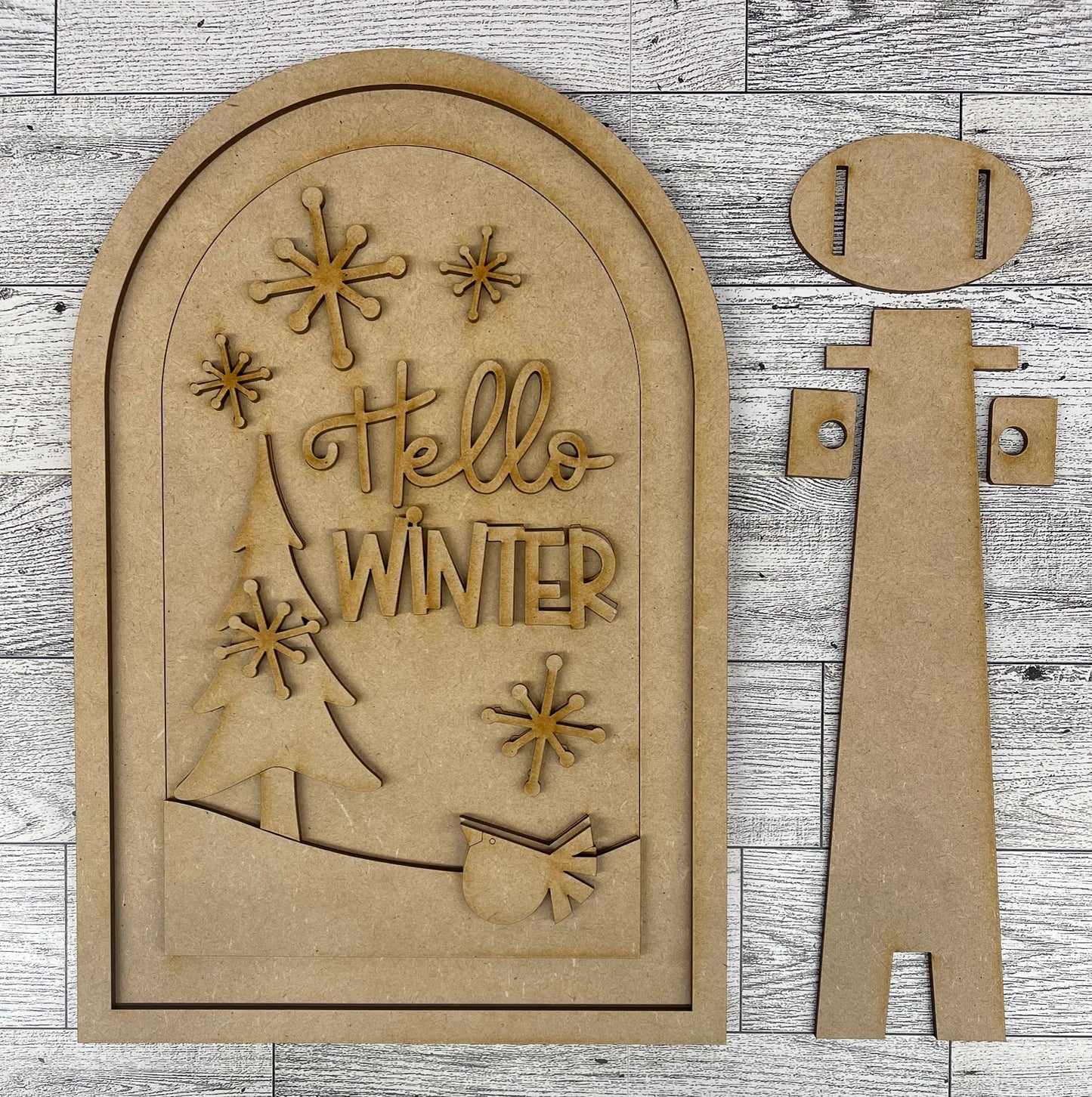 Hello Winter Tree & Bird Arch Frame Insert cutouts - unpainted wooden cutouts, ready for you to paint
