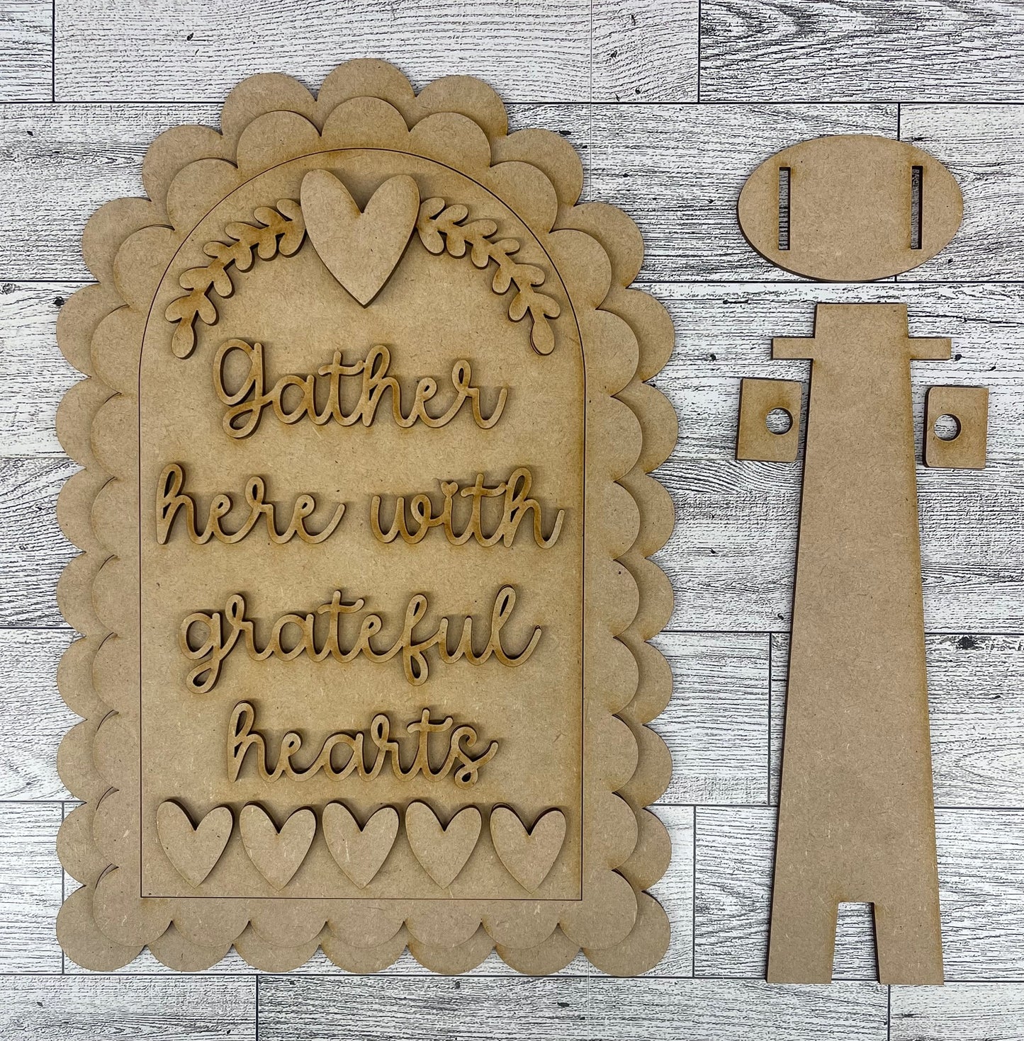 Gather Here with Grateful Hearts Frame Insert cutouts - unpainted wooden cutouts, ready for you to paint