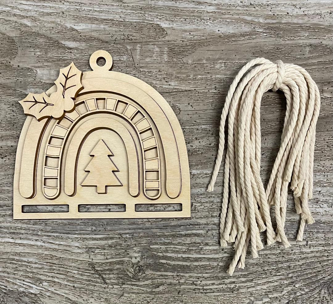 Christmas Tree Rainbow Macrame Ornament Kit, Unpainted Wood Cutouts, Ready for you to paint