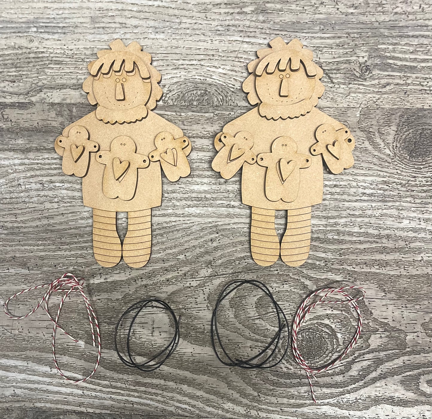 2 Raggedy Ann Gingerbread Man ornaments unpainted wooden cutouts - ready for you to paint, includes the circle
