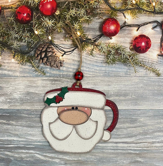 Santa Coffee Cup Ornaments, Unpainted Christmas Ornaments, unpainted ready for you to finish, with jute and beads