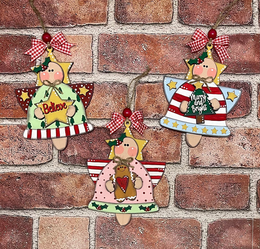 3 Christmas Angel Ornaments, 8 inches tall, wood cutouts, unpainted ready for you to finish
