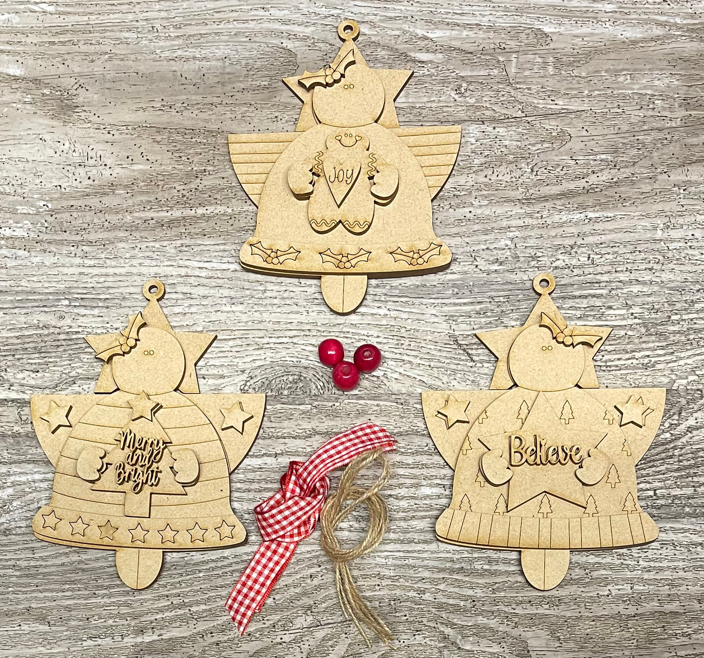 3 Christmas Angel Ornaments, 8 inches tall, wood cutouts, unpainted ready for you to finish