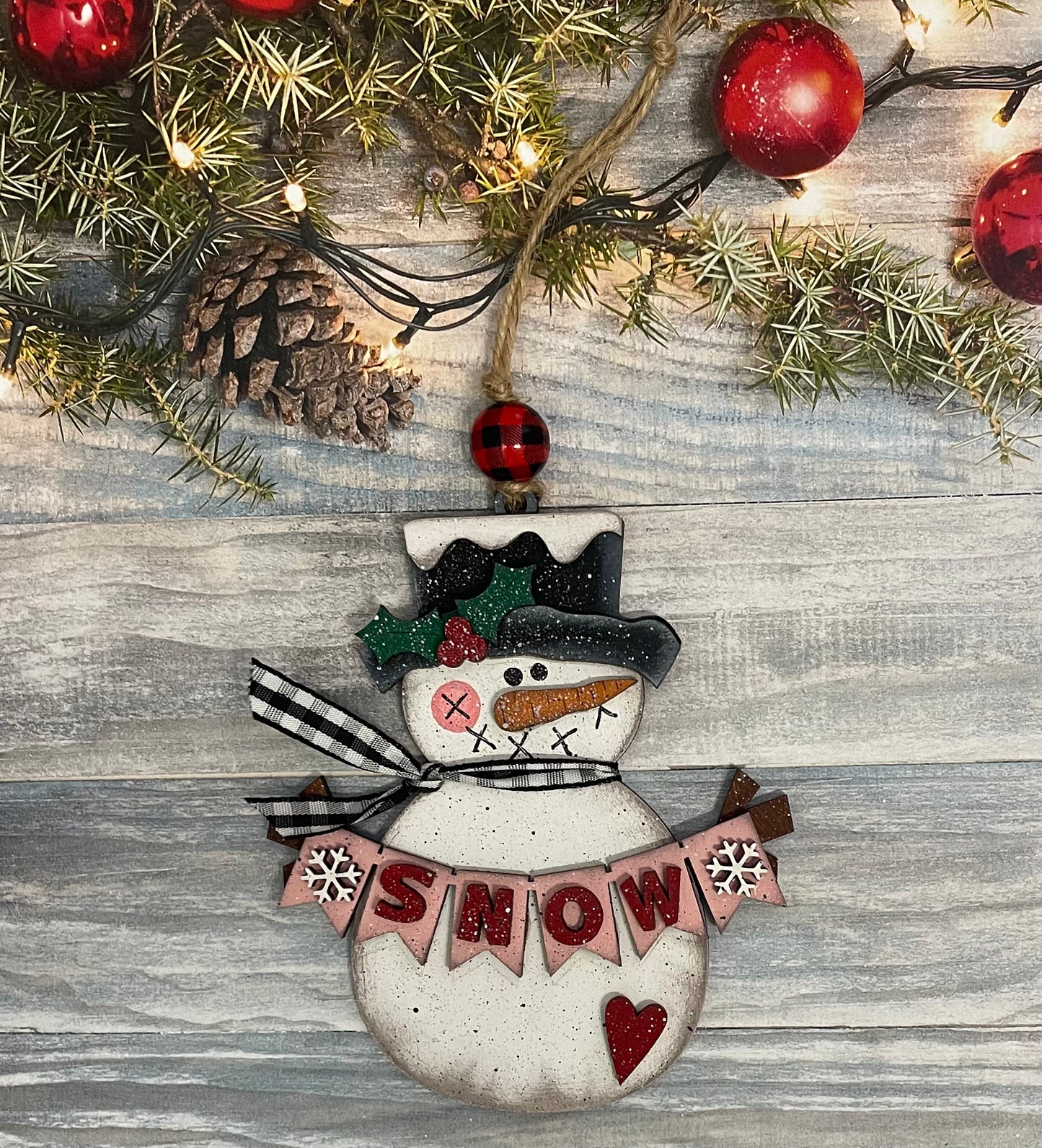 4 Snowmen Ornaments, Christmas Ornaments, unpainted ready for you to finish, with ribbon, jute and beads
