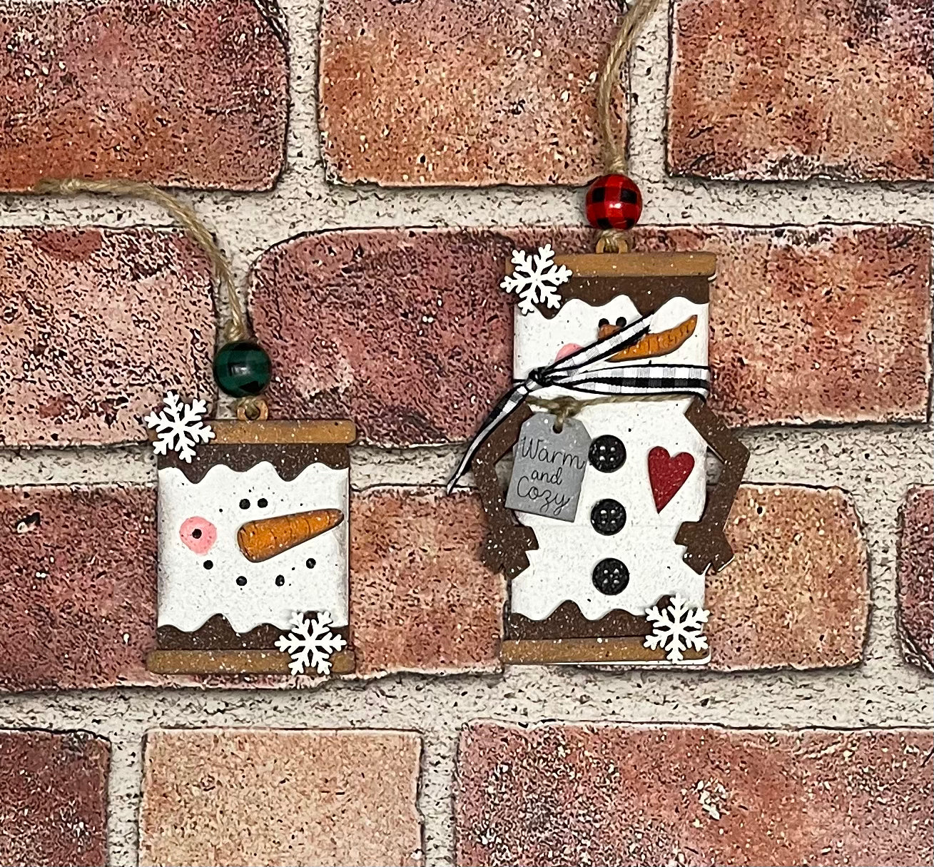 2 Snowmen Smore Ornaments, Unpainted Christmas Ornaments, unpainted ready for you to finish, with jute and beads