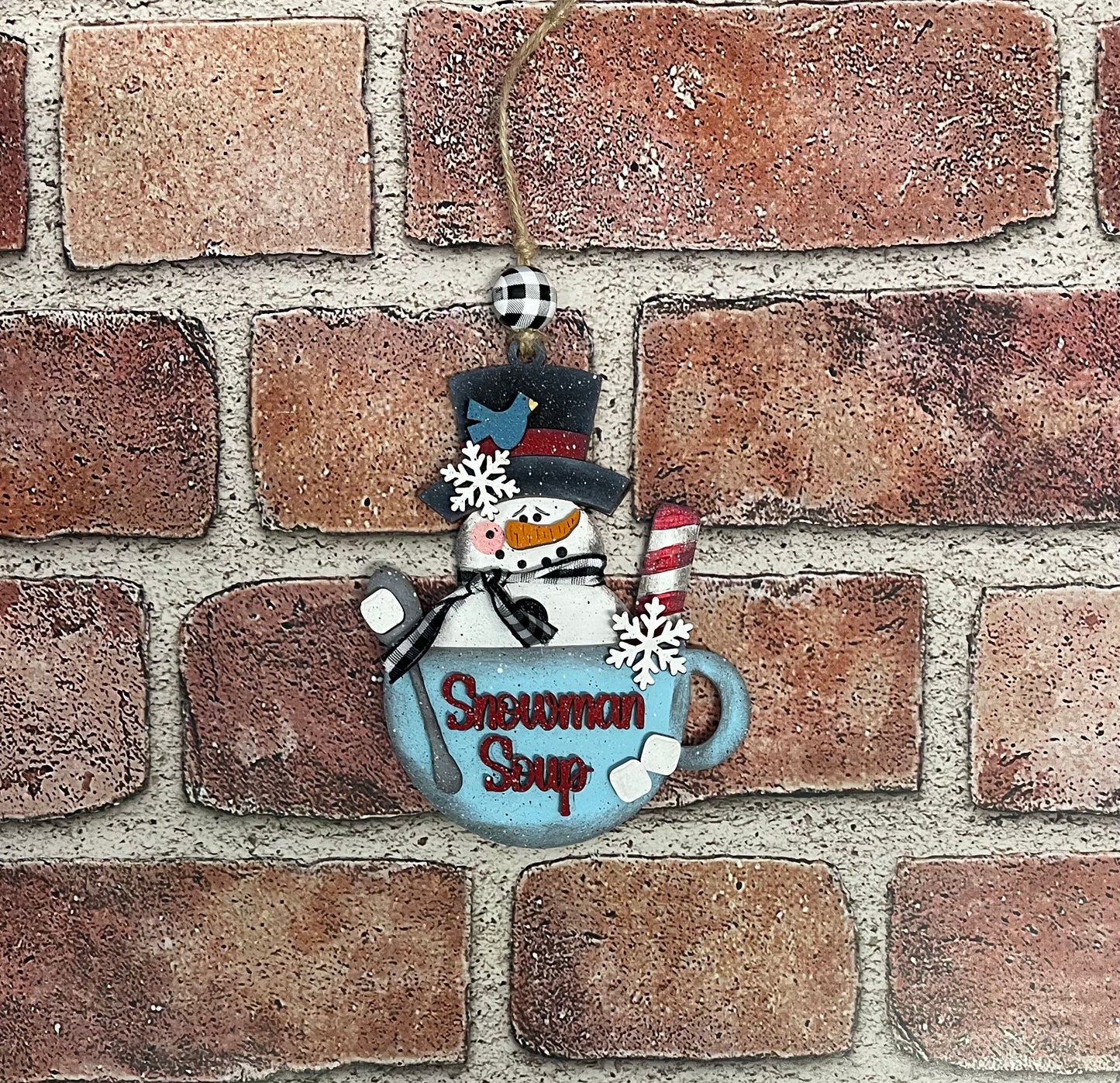 Snowmen Soup Ornament, Unpainted Christmas Ornament, unpainted ready for you to finish, with jute and beads