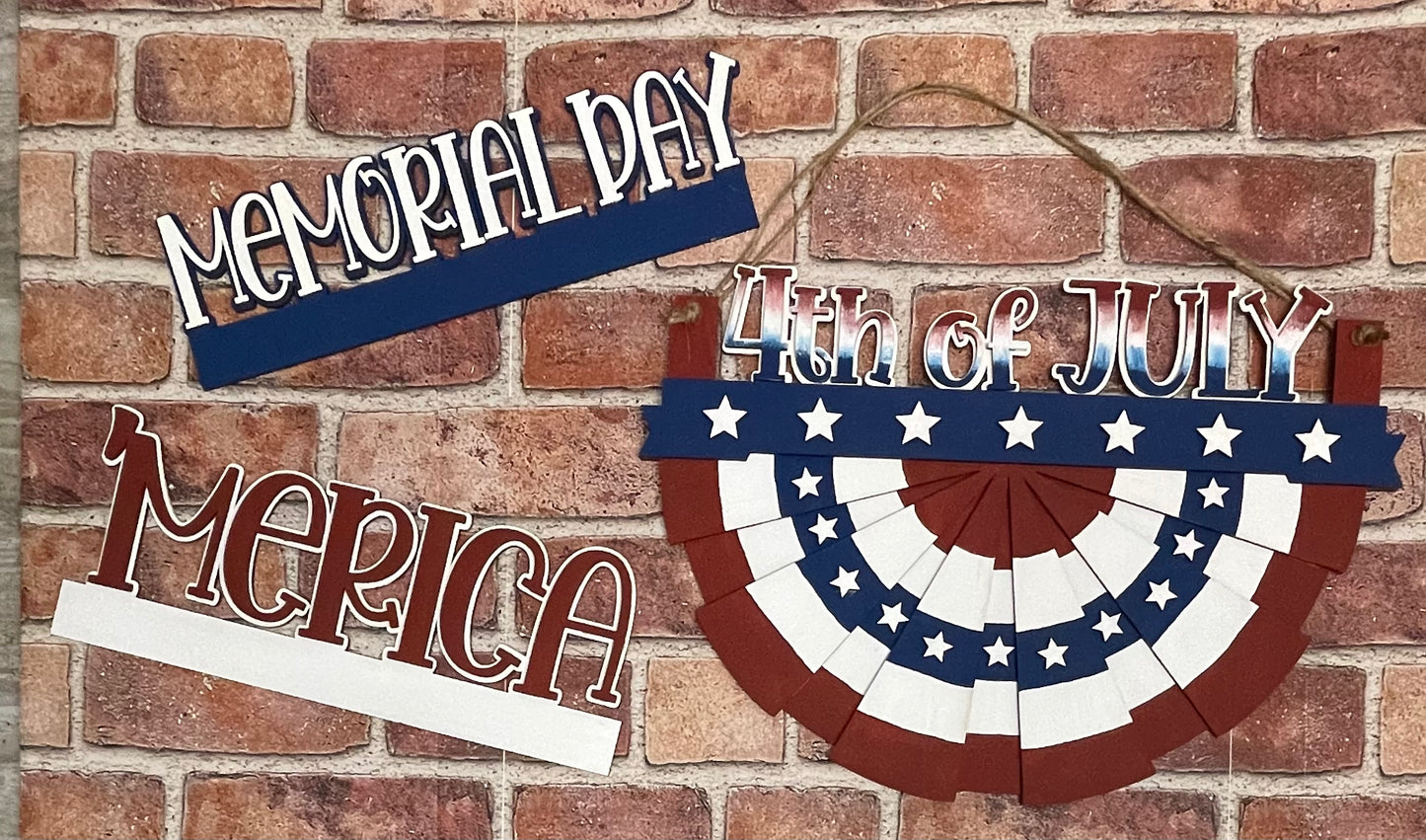 Patriotic Bunting with changeable words unpainted wood cutouts, ready for you to paint