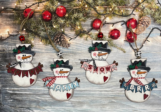 4 Snowmen Ornaments, Christmas Ornaments, unpainted ready for you to finish, with ribbon, jute and beads