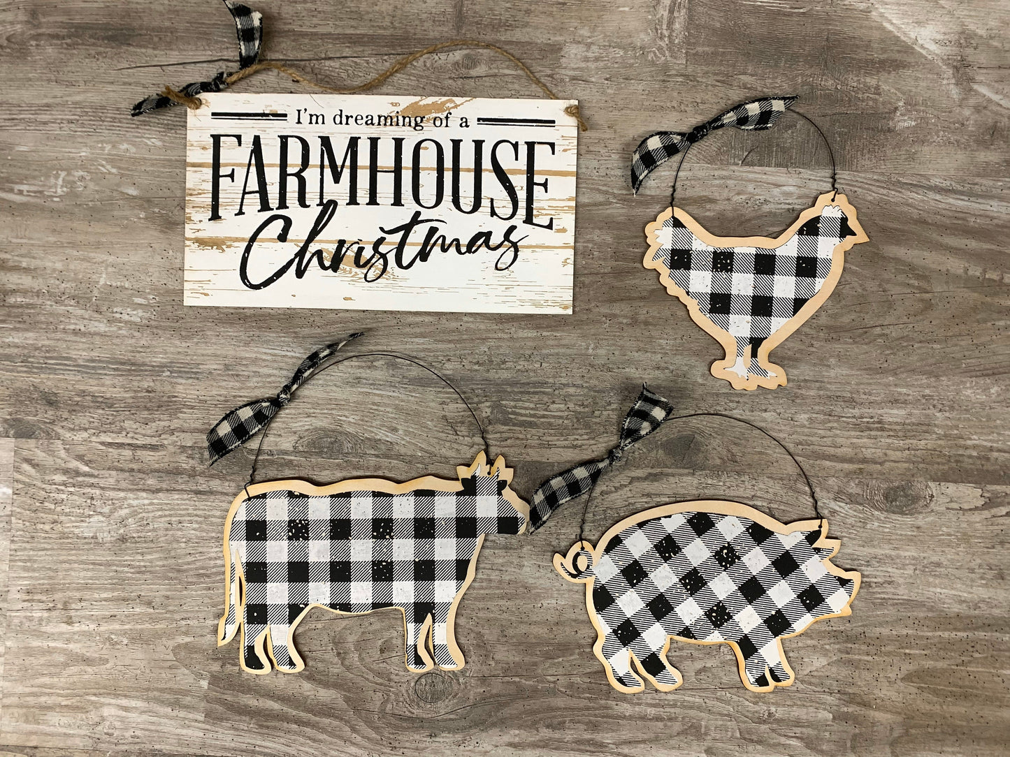 Four Unfinished Wood Pieces - Sign, Cow, Pig and Chicken