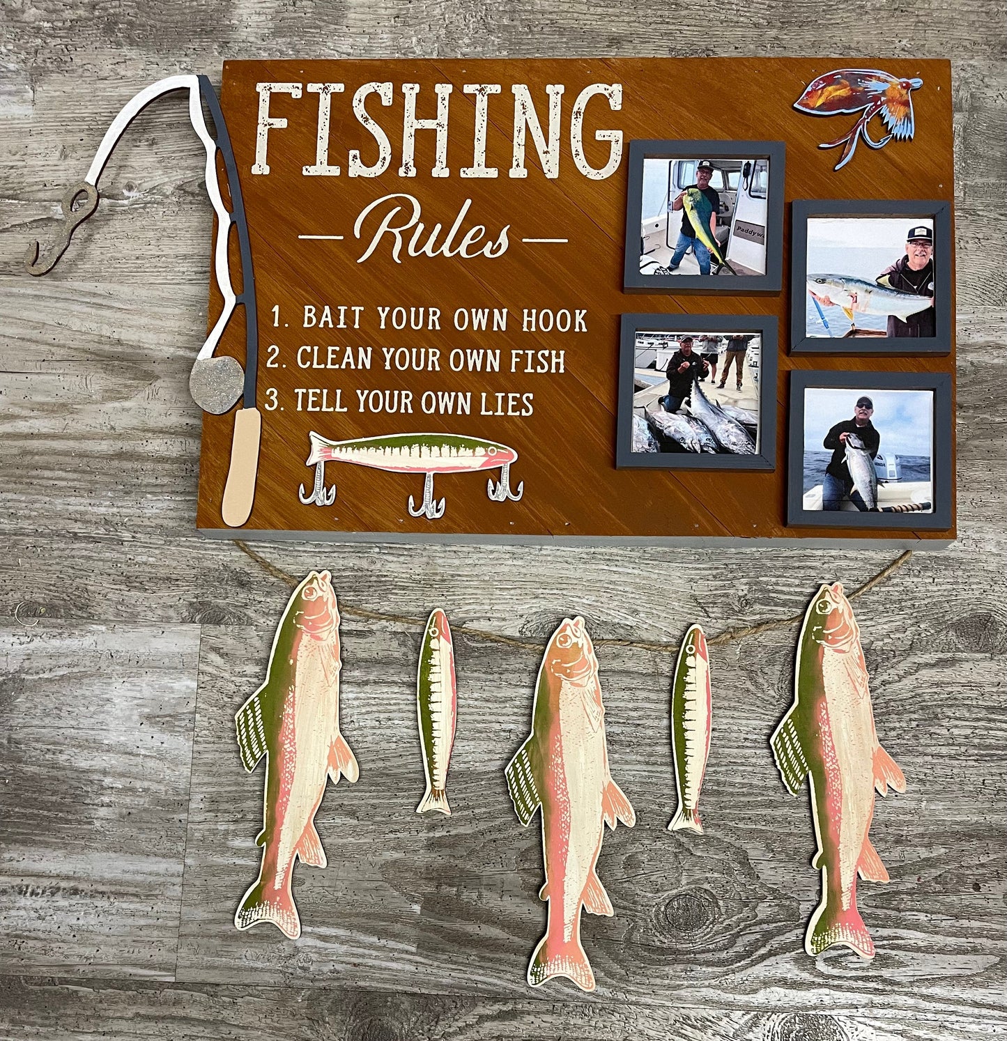 Fishing Rules, Fishing cutouts only, unpainted wooden cutouts, fishing rod, 2 lures and 5 fish cutouts