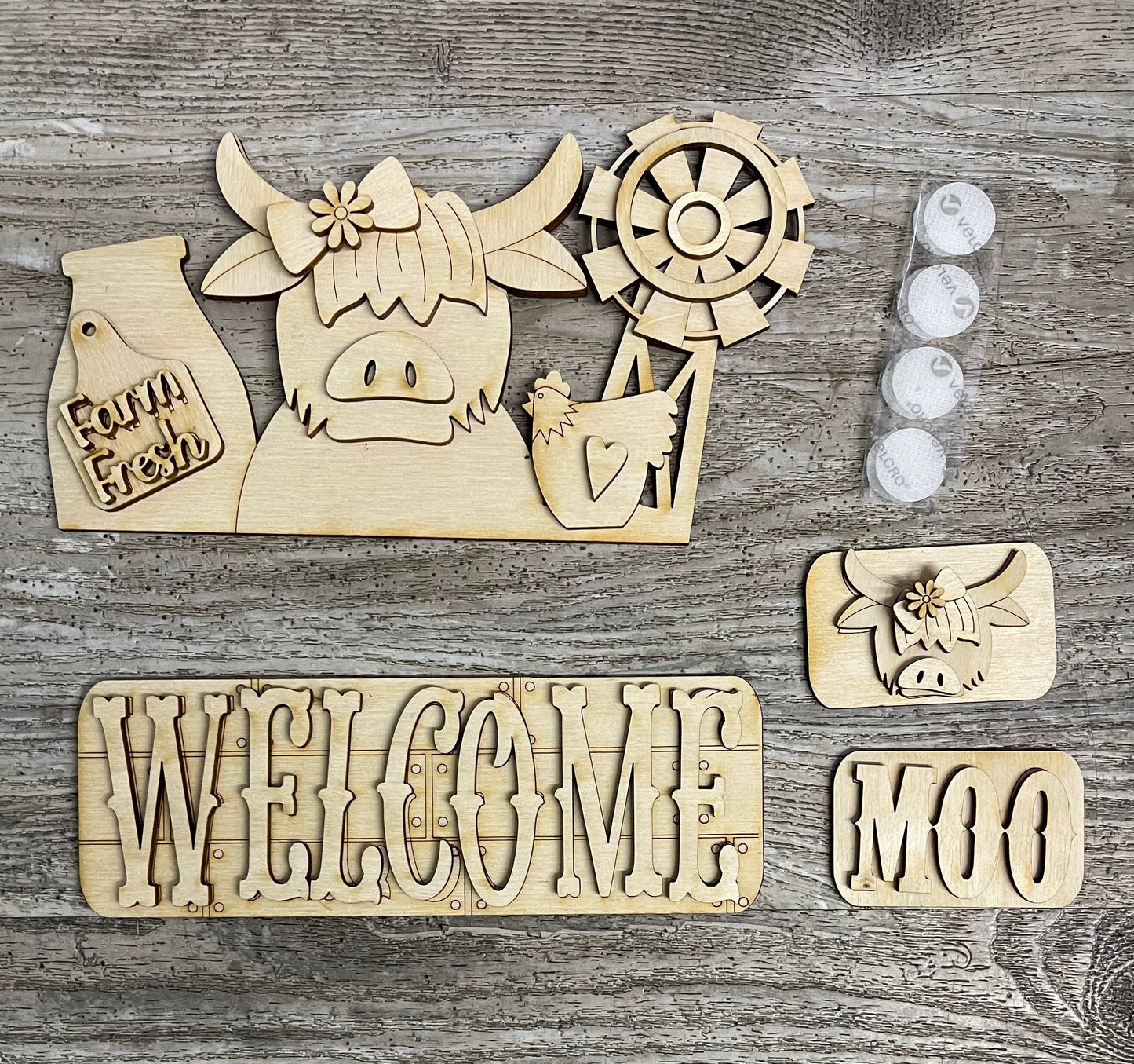 Farmhouse Cow Truck with the removable piece and license plate unpainted wood cutouts, ready for you to paint