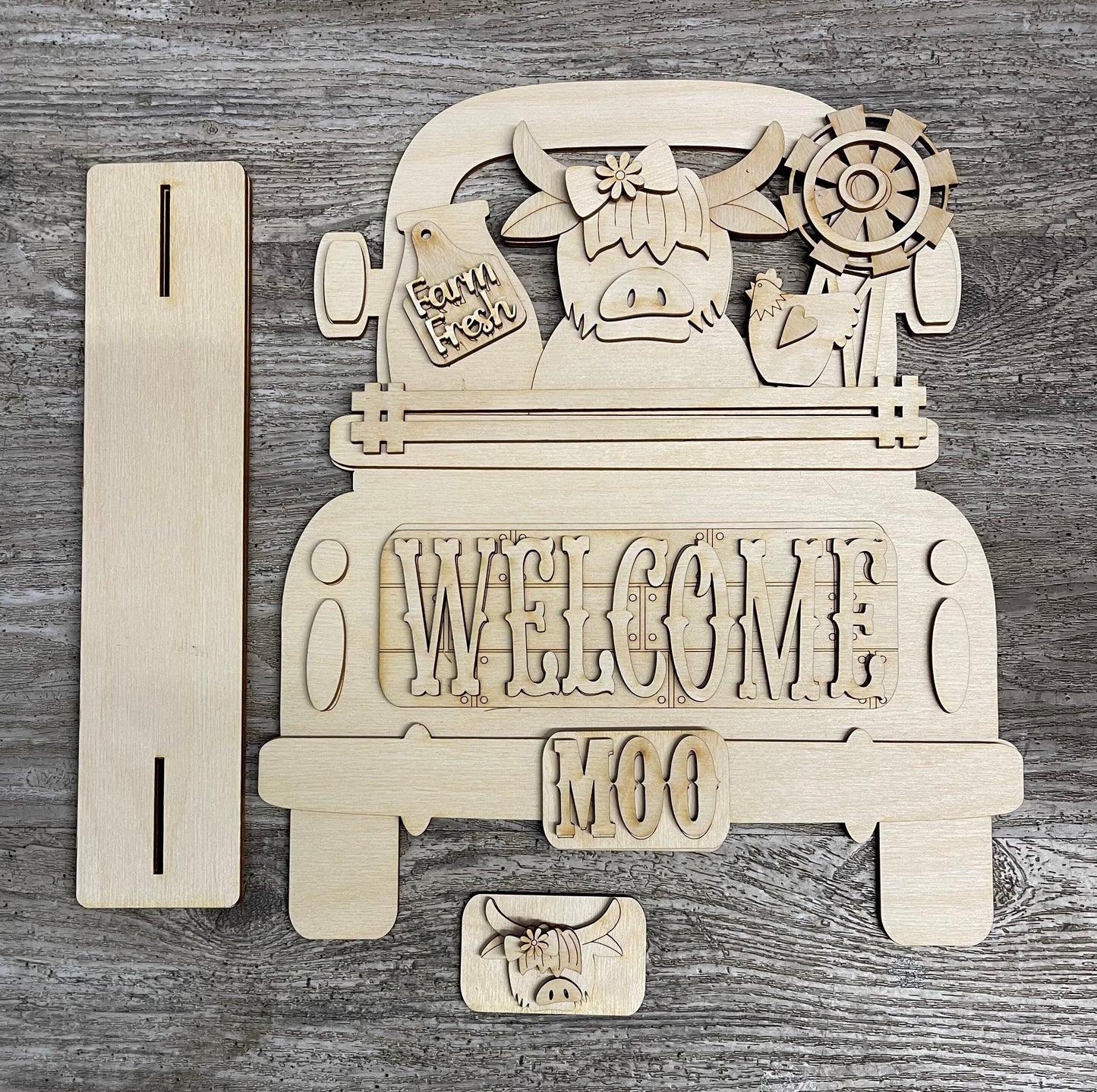 Farmhouse Cow Truck with the removable piece and license plate unpainted wood cutouts, ready for you to paint
