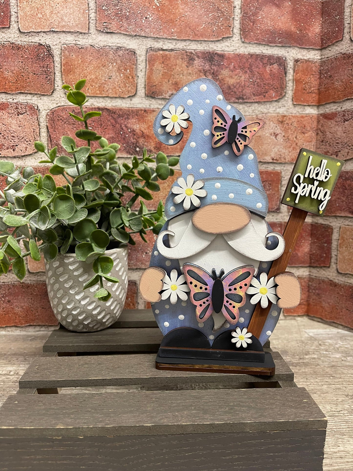 Spring Gnome with Butterfly wood cutouts, unpainted wooden cutout - Qty 1, ready for you to paint