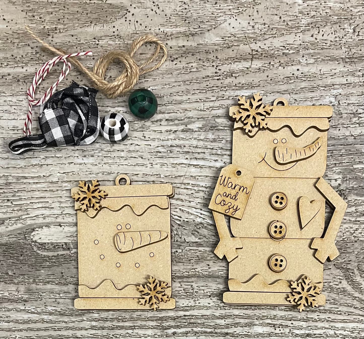 2 Snowmen Smore Ornaments, Unpainted Christmas Ornaments, unpainted ready for you to finish, with jute and beads