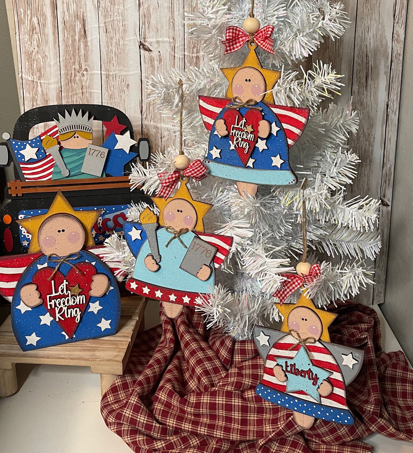 3 Patriotic Angel Ornaments, 8 inches tall, wood cutouts, unpainted ready for you to finish