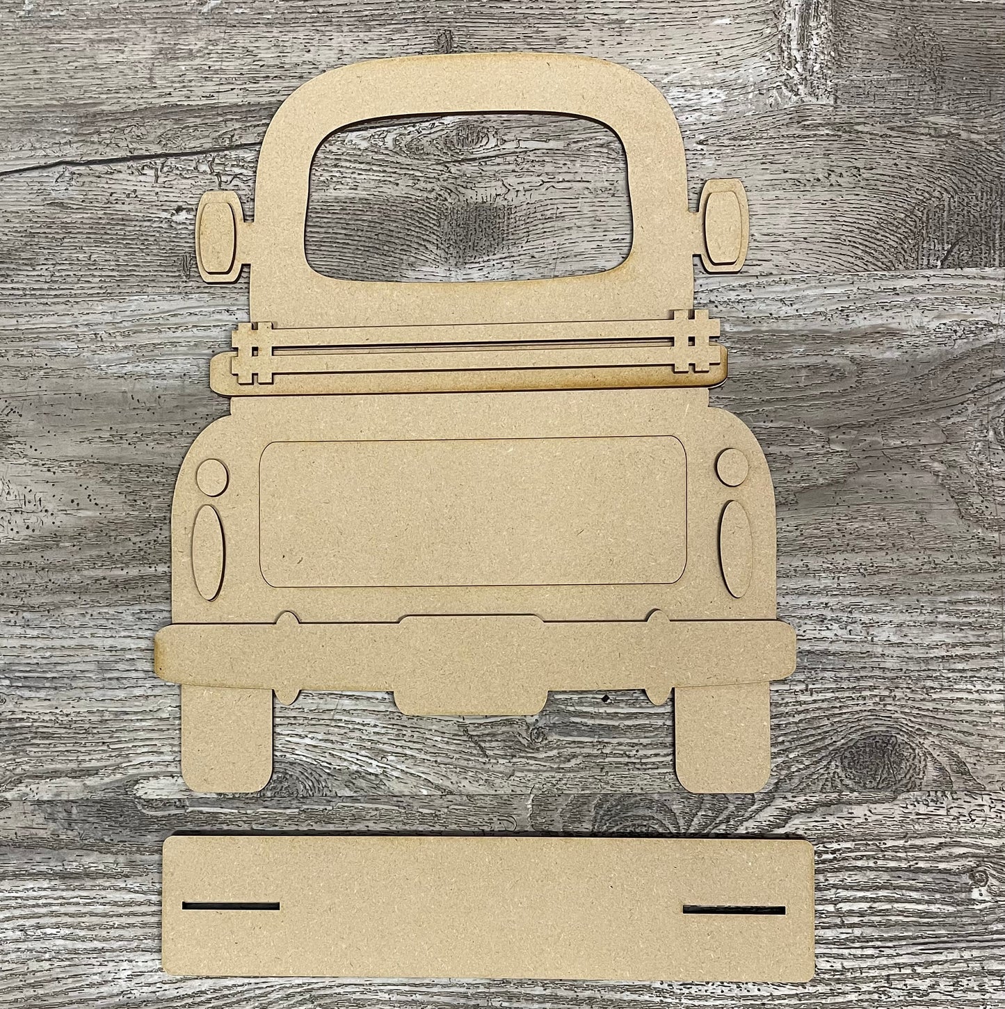 Strawberry Truck with the removable piece and license plate unpainted wood cutouts, ready for you to paint
