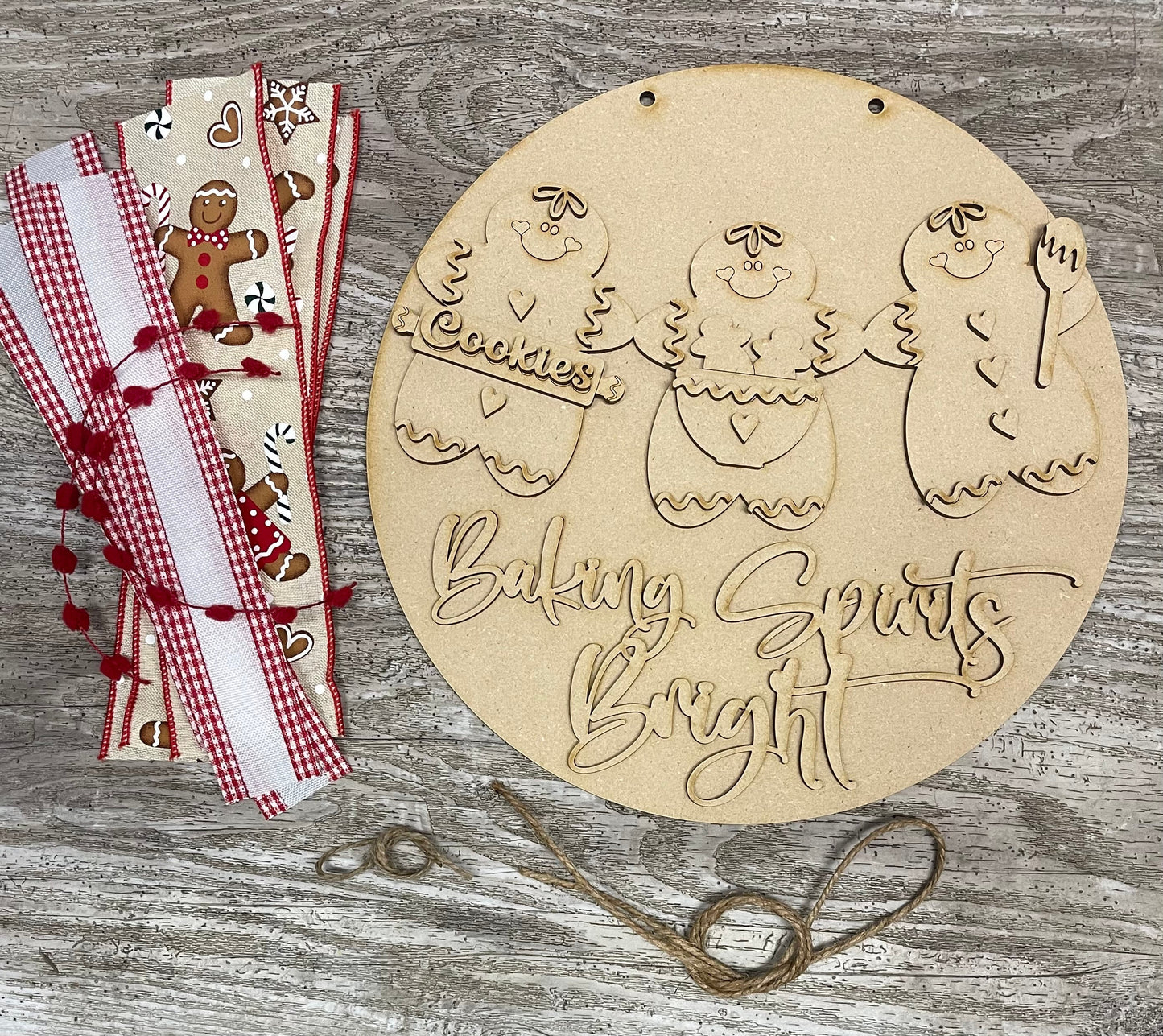 Baking Spirits Bright Gingerbread Man sign kit, unpainted wooden cutouts - ready for you to paint, includes the circle