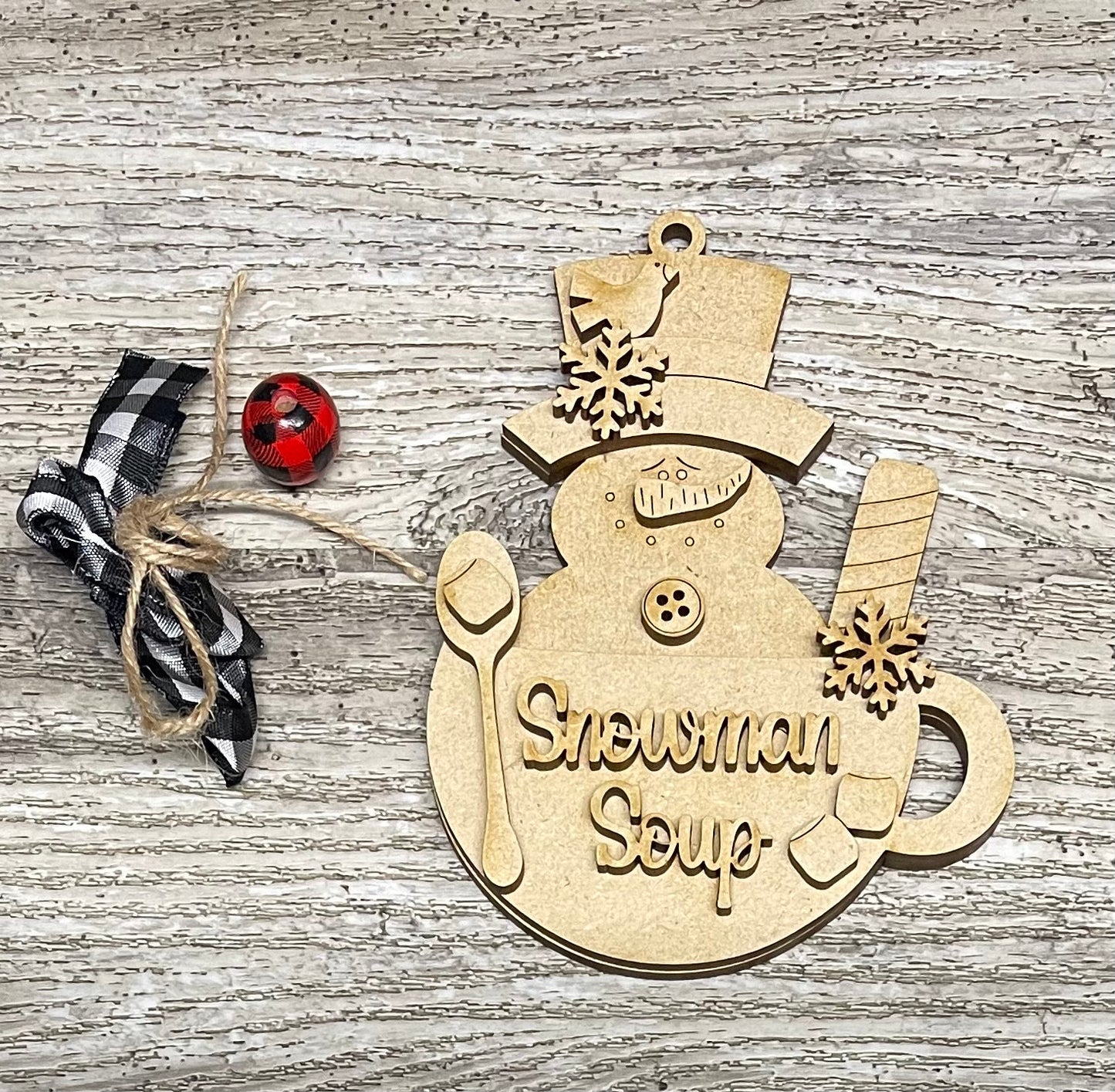 Snowmen Soup Ornament, Unpainted Christmas Ornament, unpainted ready for you to finish, with jute and beads
