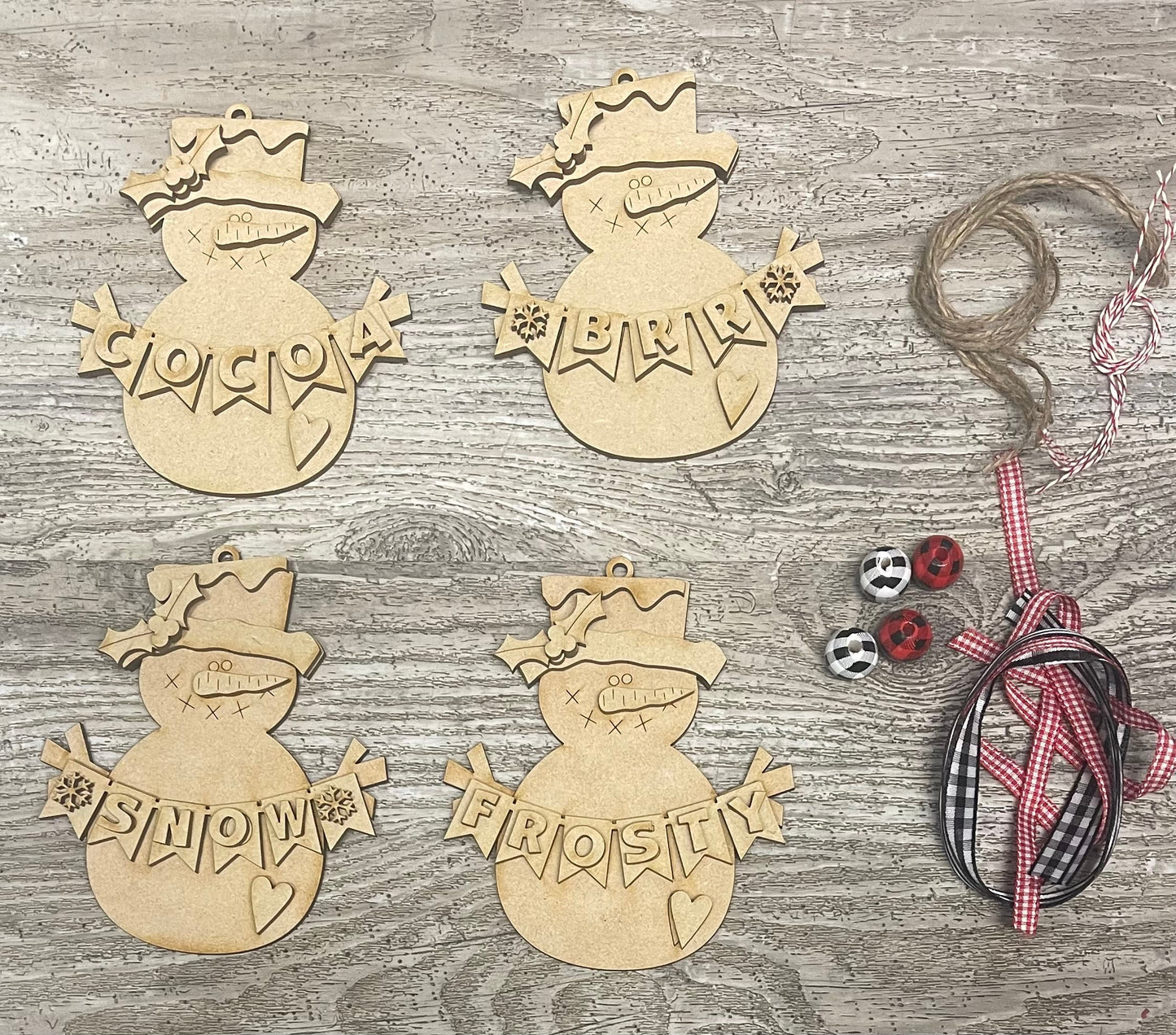 4 Snowmen Ornaments, Christmas Ornaments, unpainted ready for you to finish, with ribbon, jute and beads