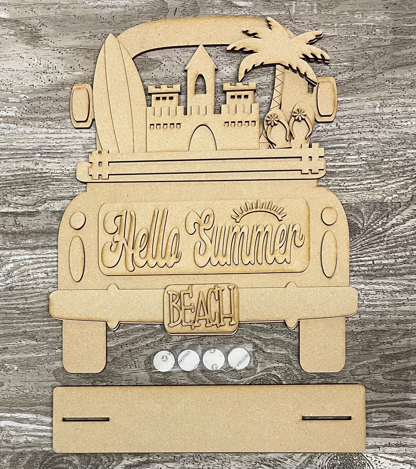 Hello Summer Beach Truck with the removable piece and license plate unpainted wood cutouts, ready for you to paint, includes truck