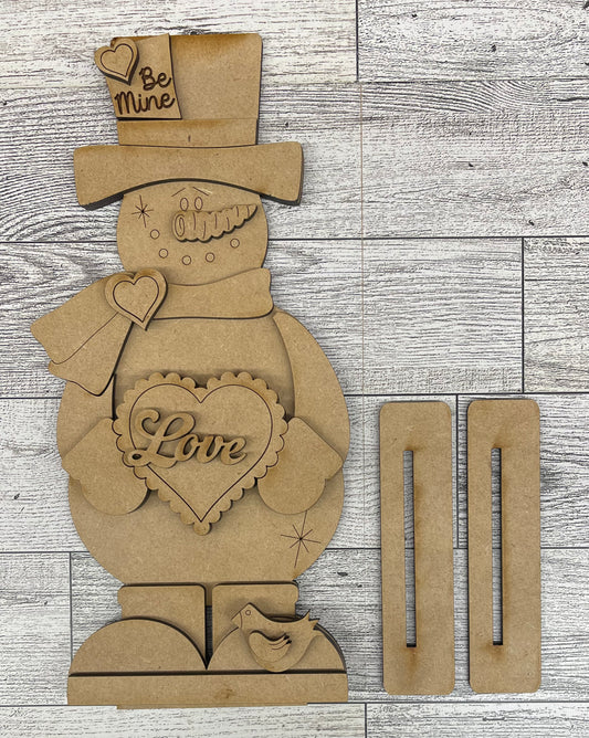 Large Snowman holding a Valentines Heart, cutout, unpainted wooden cutout, ready for you to paint