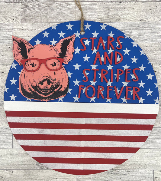 Stars and Stripes Forever Patriotic Pig sign pieces - Unfinished wooden pig cutout pieces, back circle not included