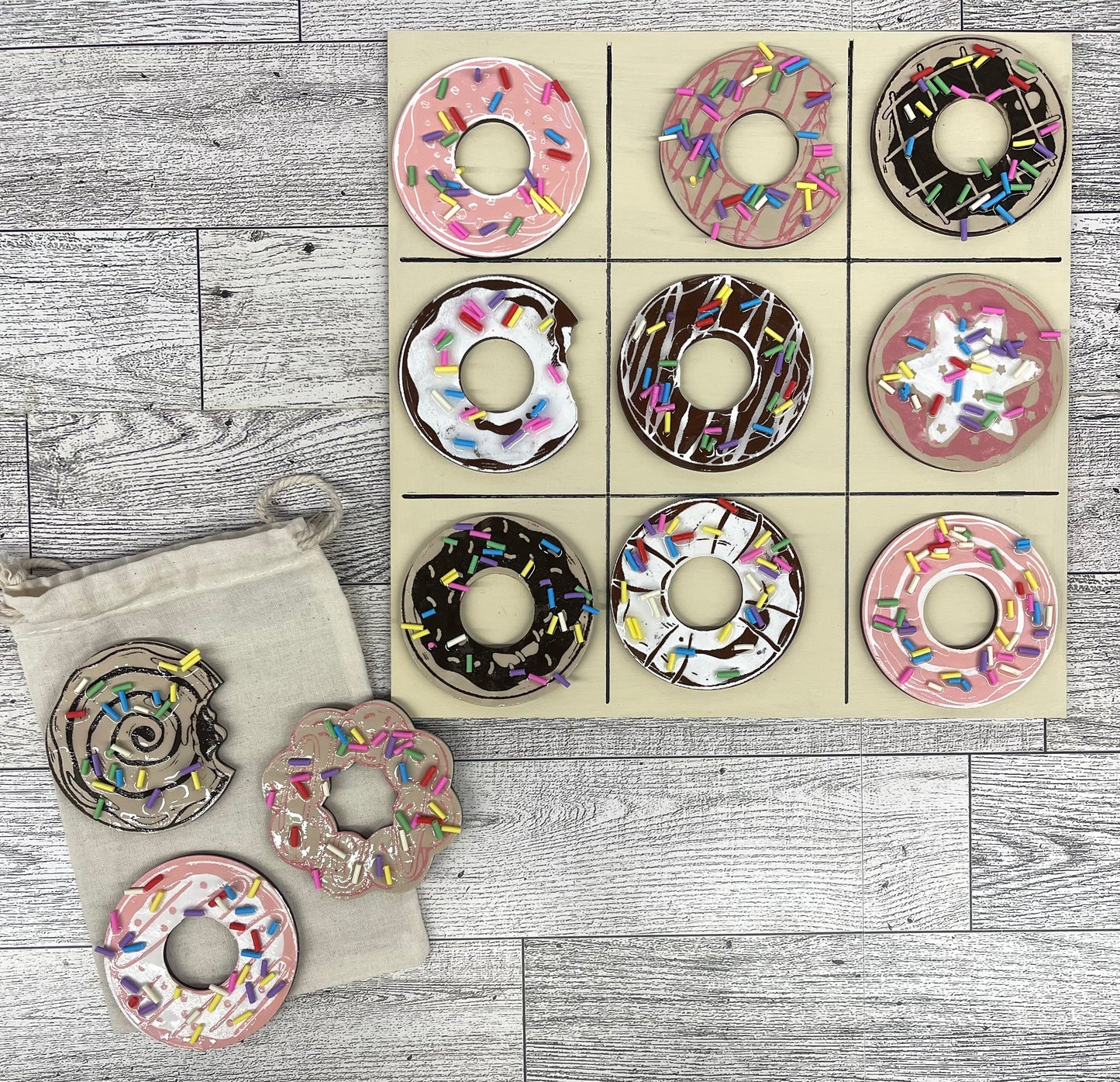 Donut Tic Tac Toe - unpainted wooden cutouts, ready for you to paint