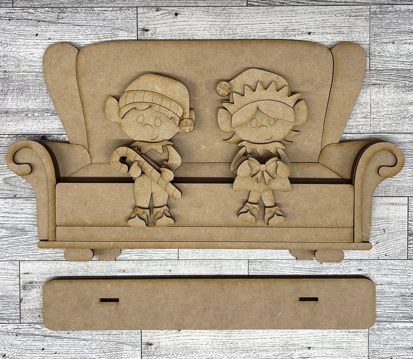 Boy and Girl Elf Shelf Sitters and Presents to sit or Couch - unpainted wood cutouts, ready for you to paint
