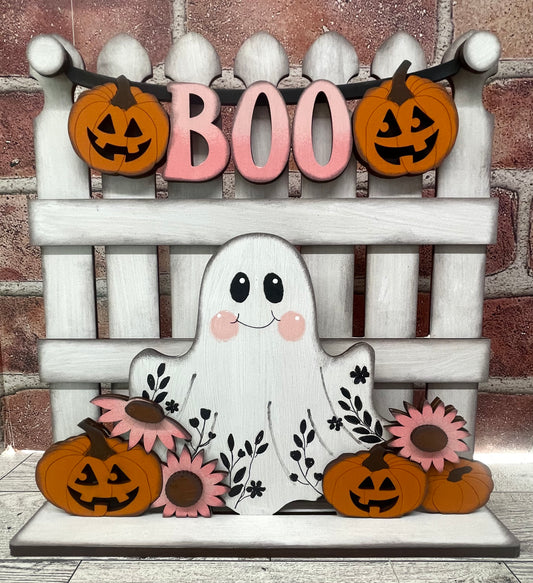 Halloween Ghost with Flowers 2026 Insert for Picket Fence unpainted wood cutouts, ready for you to paint
