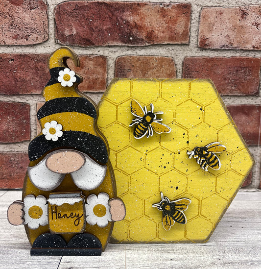 Bee Gnome holding with 3 bees unpainted cutouts