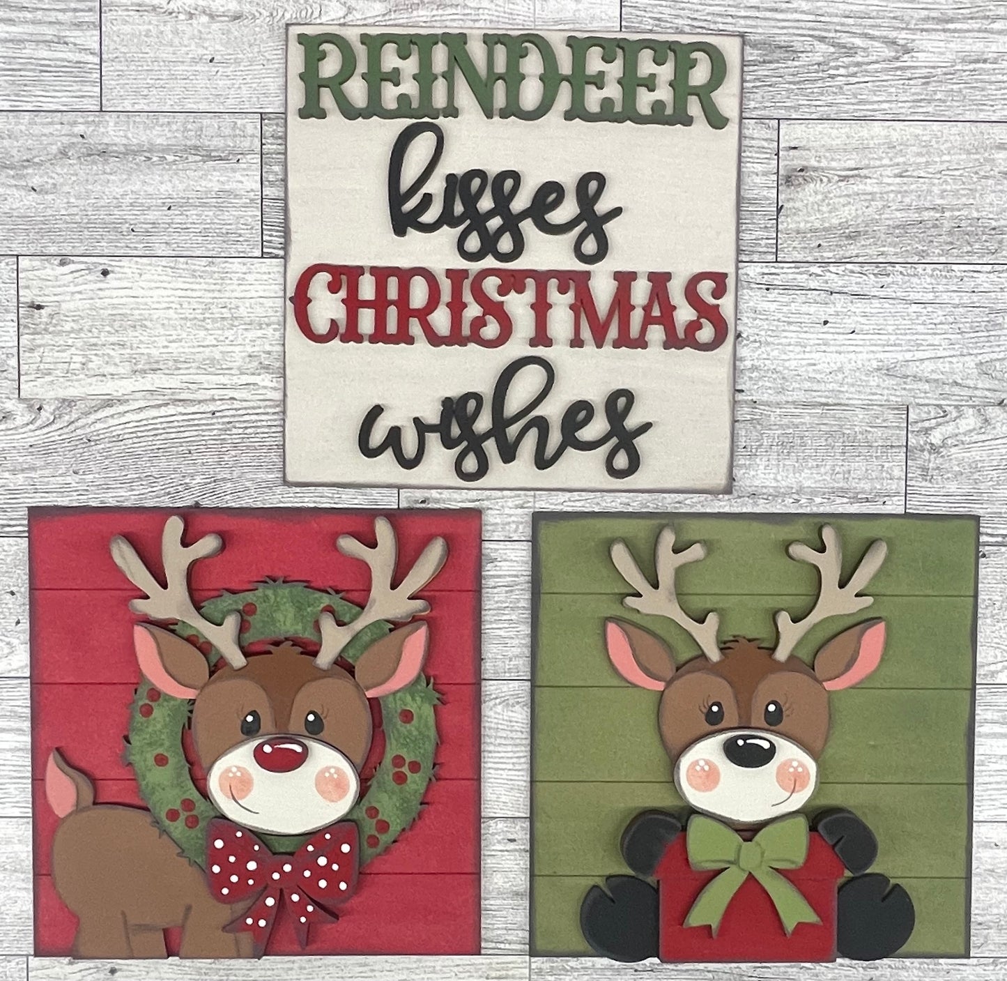 Both November 2025 Insert and blocks only - Hello Door Sign Insert and Reindeer Joy stander Kit- doesn't include the door sign House Ladder Blocks Only unpainted cutouts, Sign backer and house leaning ladder