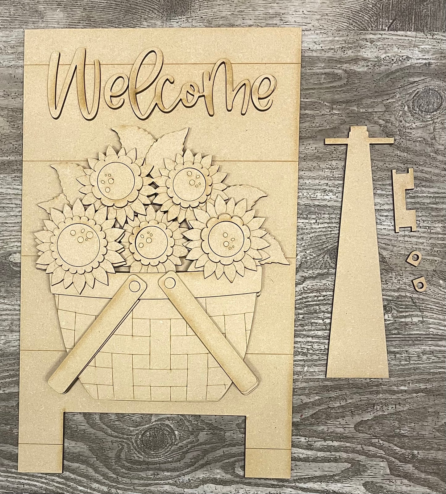 Leaning Welcome sign with basket to be used with the removable pieces unpainted wood cutouts, ready for you to paint