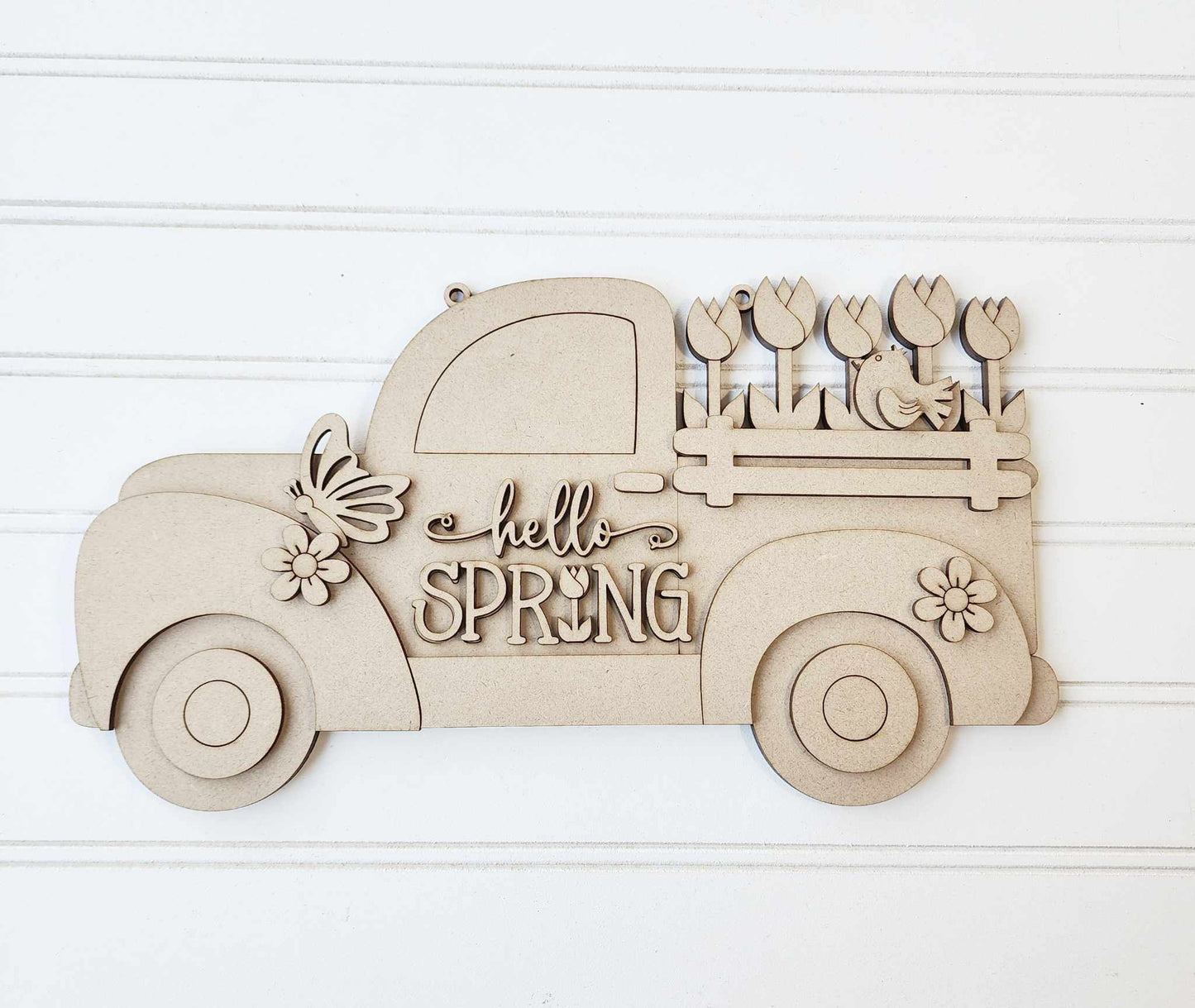 Hello Spring Truck sign kit, unpainted wooden cutouts - diy kit ready for you to paint