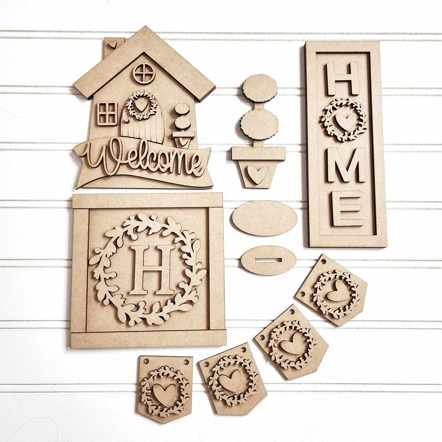 Welcome Home tiered tray set cutouts - unpainted wooden cutouts, ready for you to paint