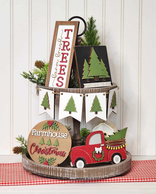 Country Christmas Tree Farm Tiered Tray unpainted cutouts