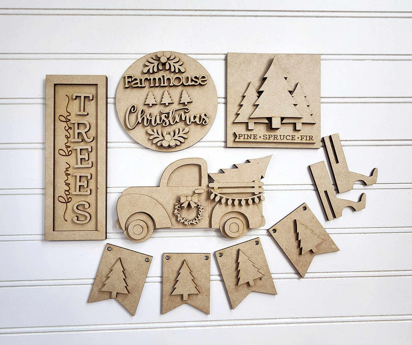 Country Christmas Tree Farm Tiered Tray unpainted cutouts