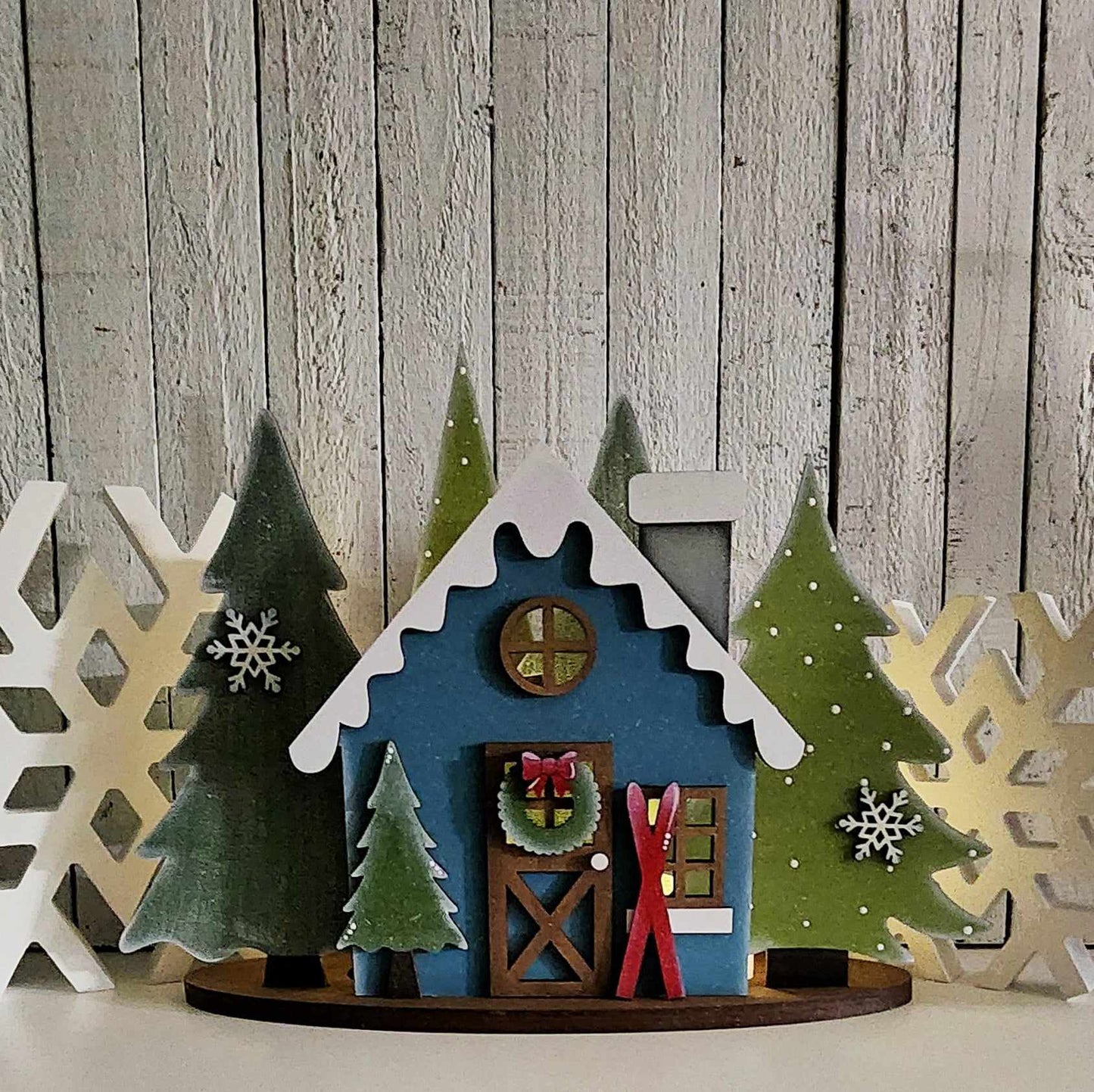 Winter Cabin Mantle Decor with Tealights unpainted cutouts