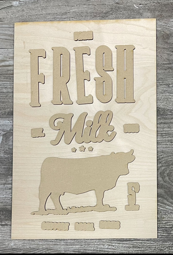 Farm Fresh Milk Cow sign and cutouts - unpainted wooden cutouts, ready for you to paint